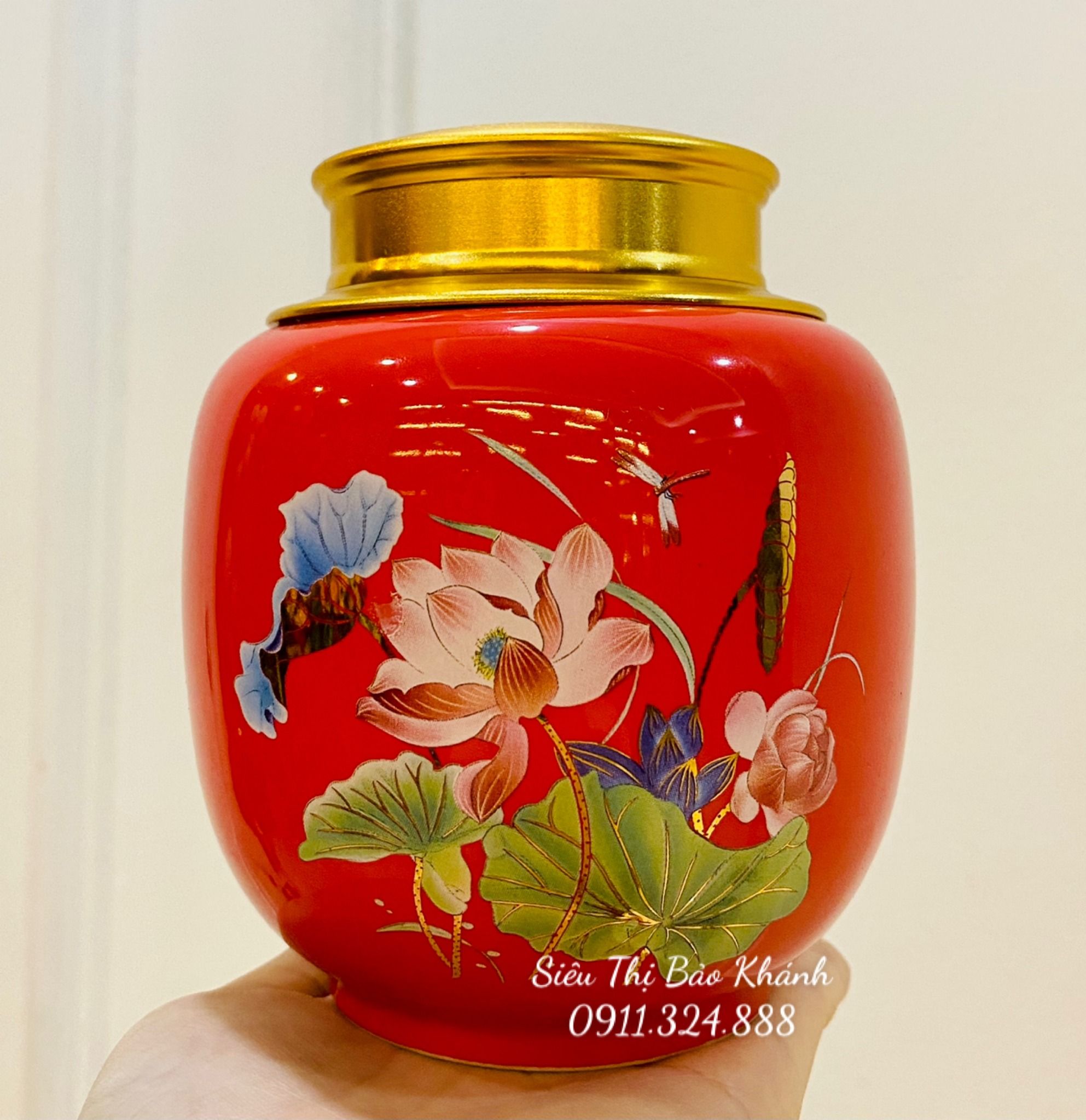  Hũ đựng chè men đỏ Gốm sứ Bát Tràng vẽ Bông sen 