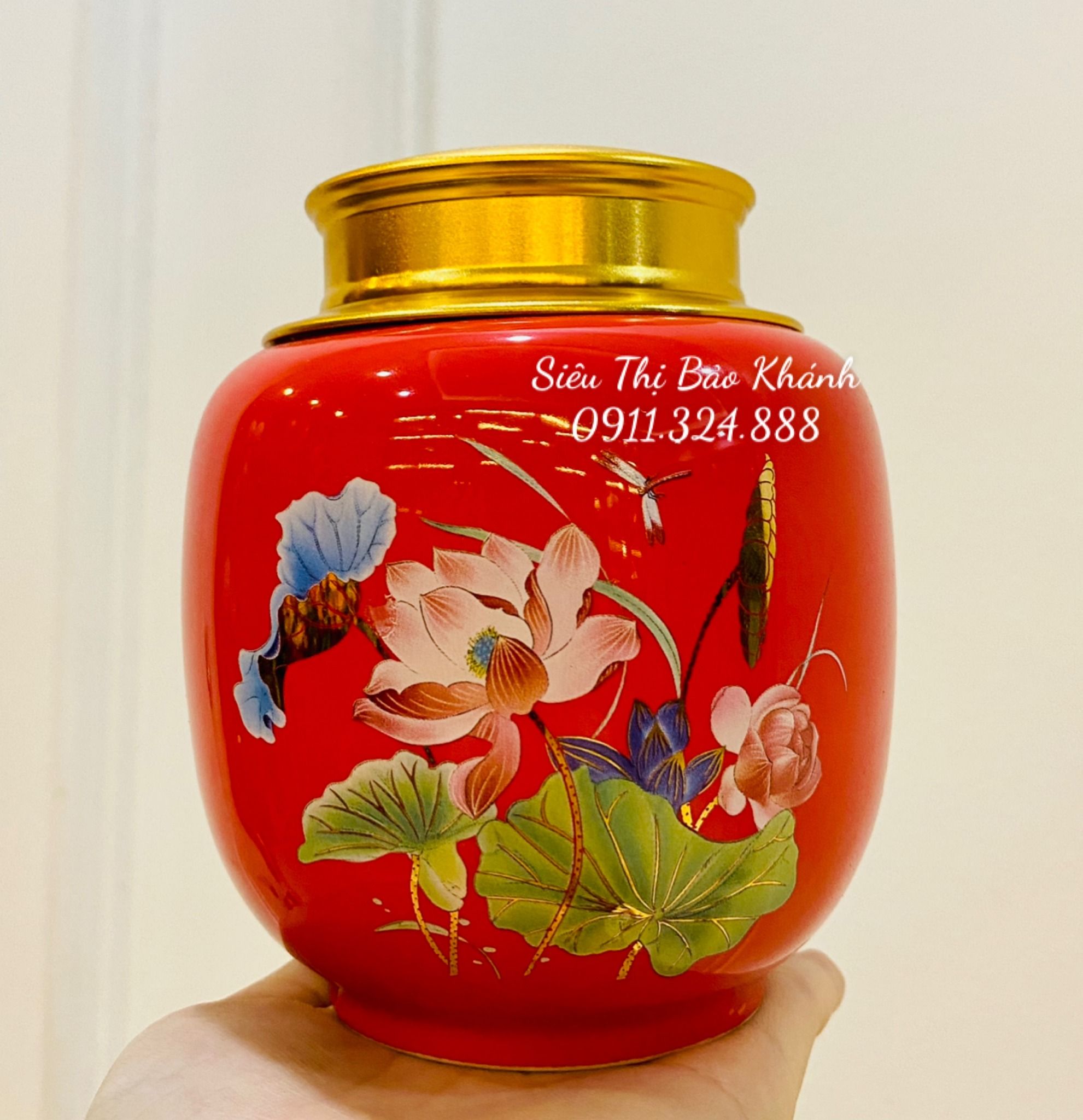  Hũ đựng chè men đỏ Gốm sứ Bát Tràng vẽ Bông sen 