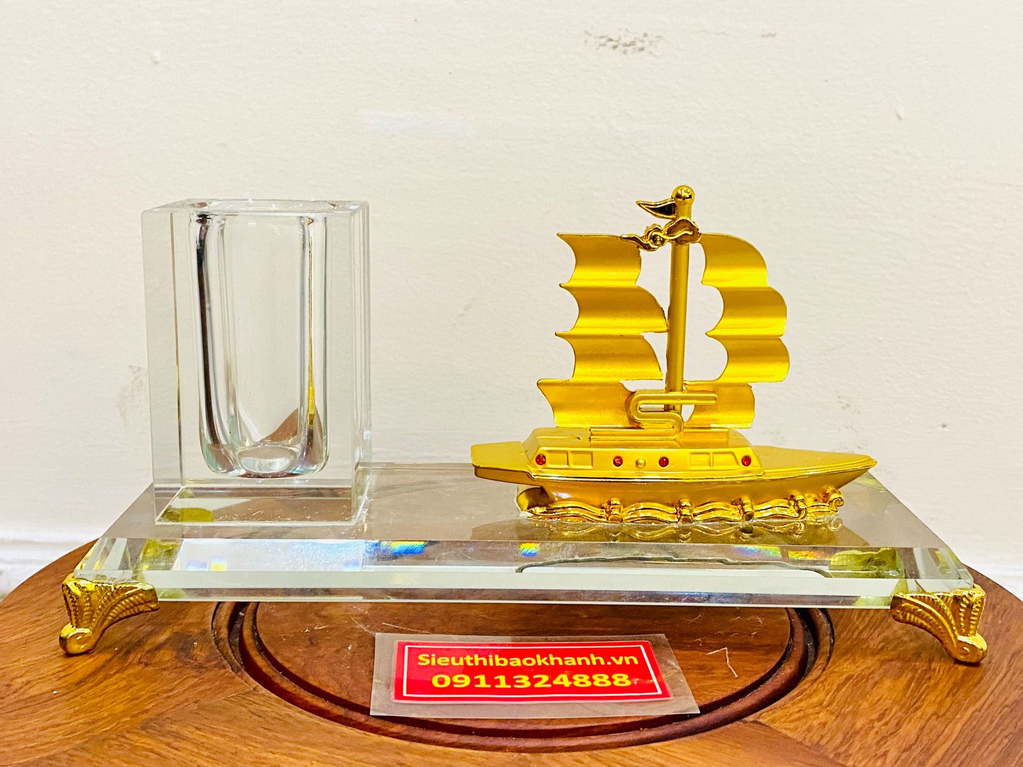  Ống đựng bút pha lê họa tiết thuận buồm xuôi gió-quà tặng,quà biếu,đồ trang trí-bảo khánh việt nam 