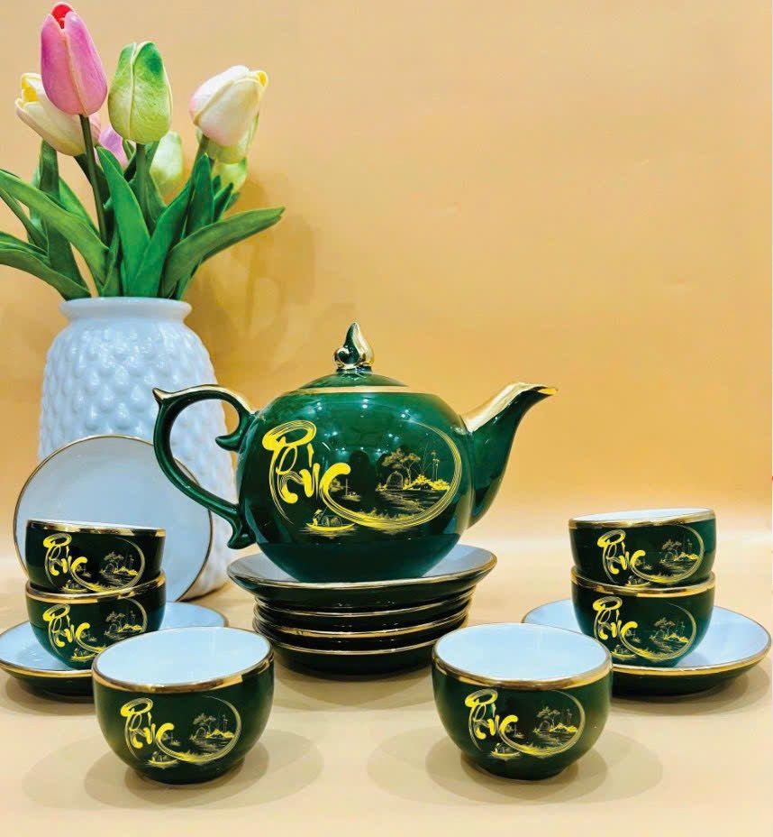  Bộ ấm trà Bát Tràng men xanh ngọc lục bảo vẽ vàng kim chữ Lộc 