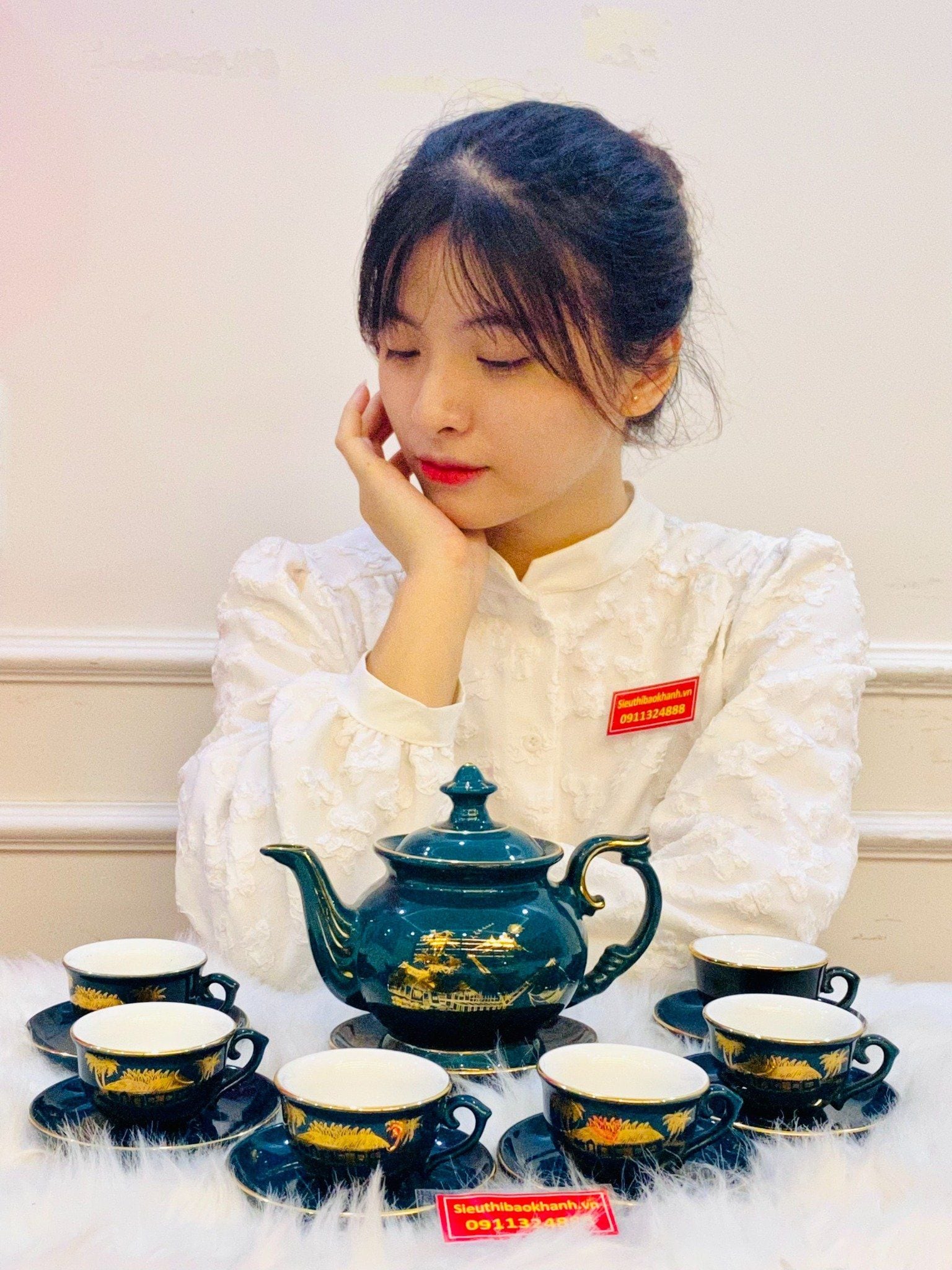  Bộ ấm chén men xanh Thuận Buồm Xuôi Gió vẽ vàng - Nghệ thuật Bát Tràng 