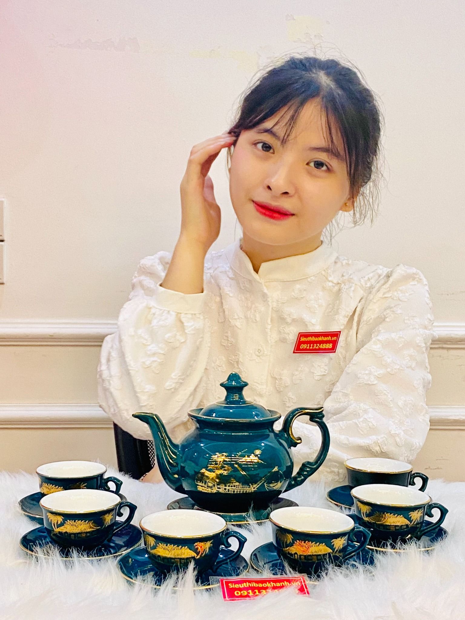  Bộ ấm chén men xanh Thuận Buồm Xuôi Gió vẽ vàng - Nghệ thuật Bát Tràng 