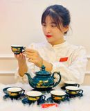  Bộ ấm chén men xanh Thuận Buồm Xuôi Gió vẽ vàng - Nghệ thuật Bát Tràng 