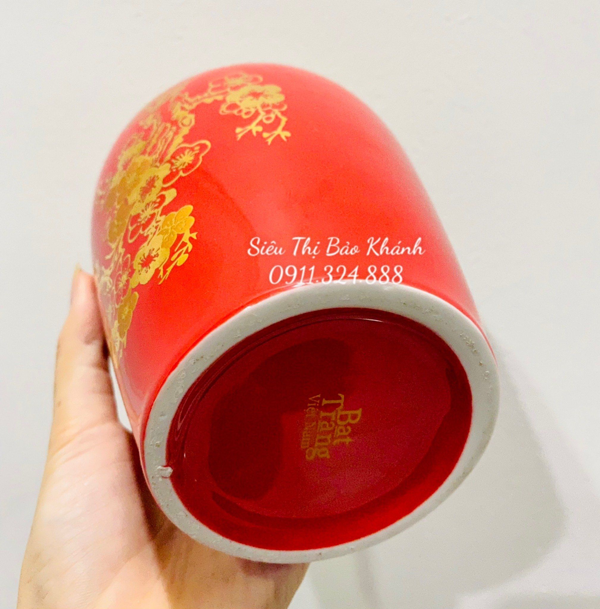  Hũ đựng chè men đỏ nổi bật, họa tiết cành đào xuân xẽ vàng 