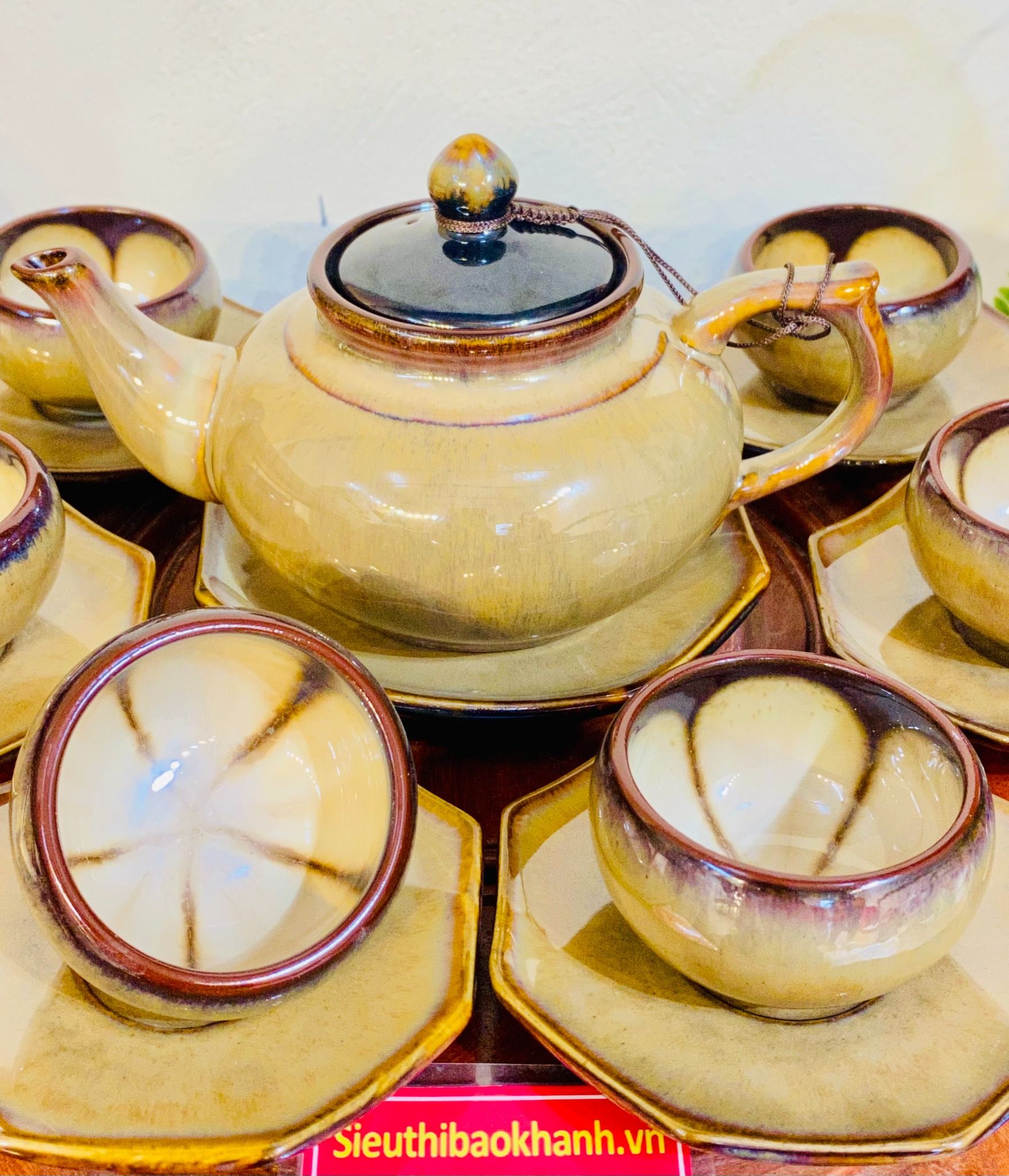  Bộ ấm chén hỏa biến lòng hoa men nâu chuẩn Bát Tràng 