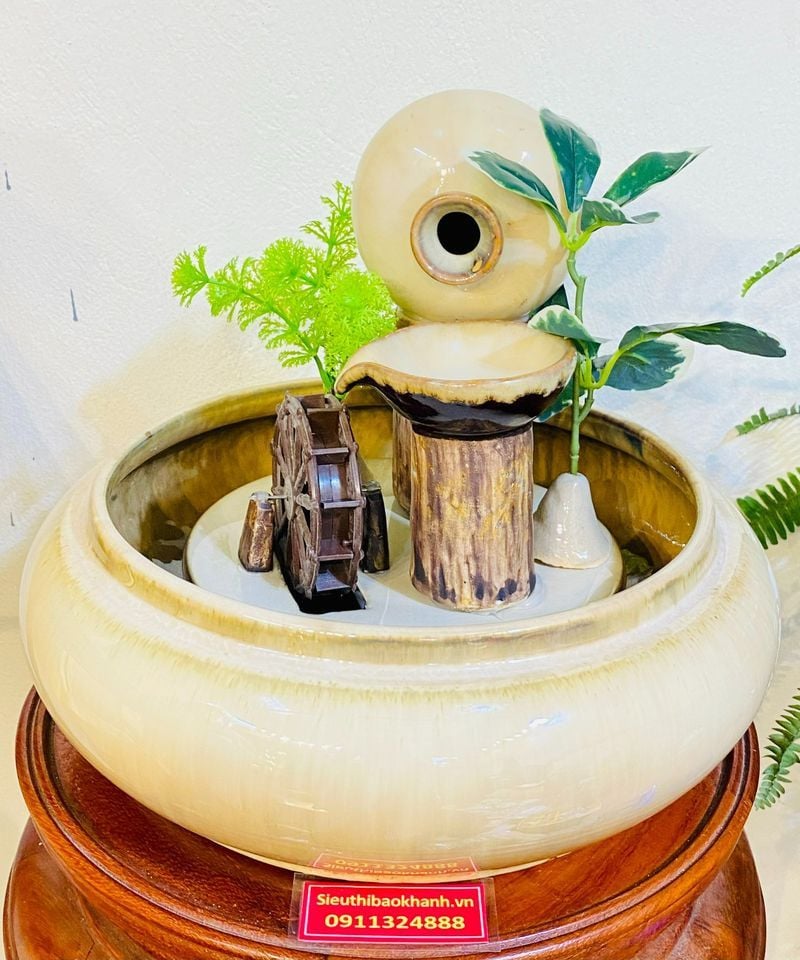  Thác nước phong thủy, thác nước mini bàng Gốm dáng tròn để bàn trang trí nội thất 