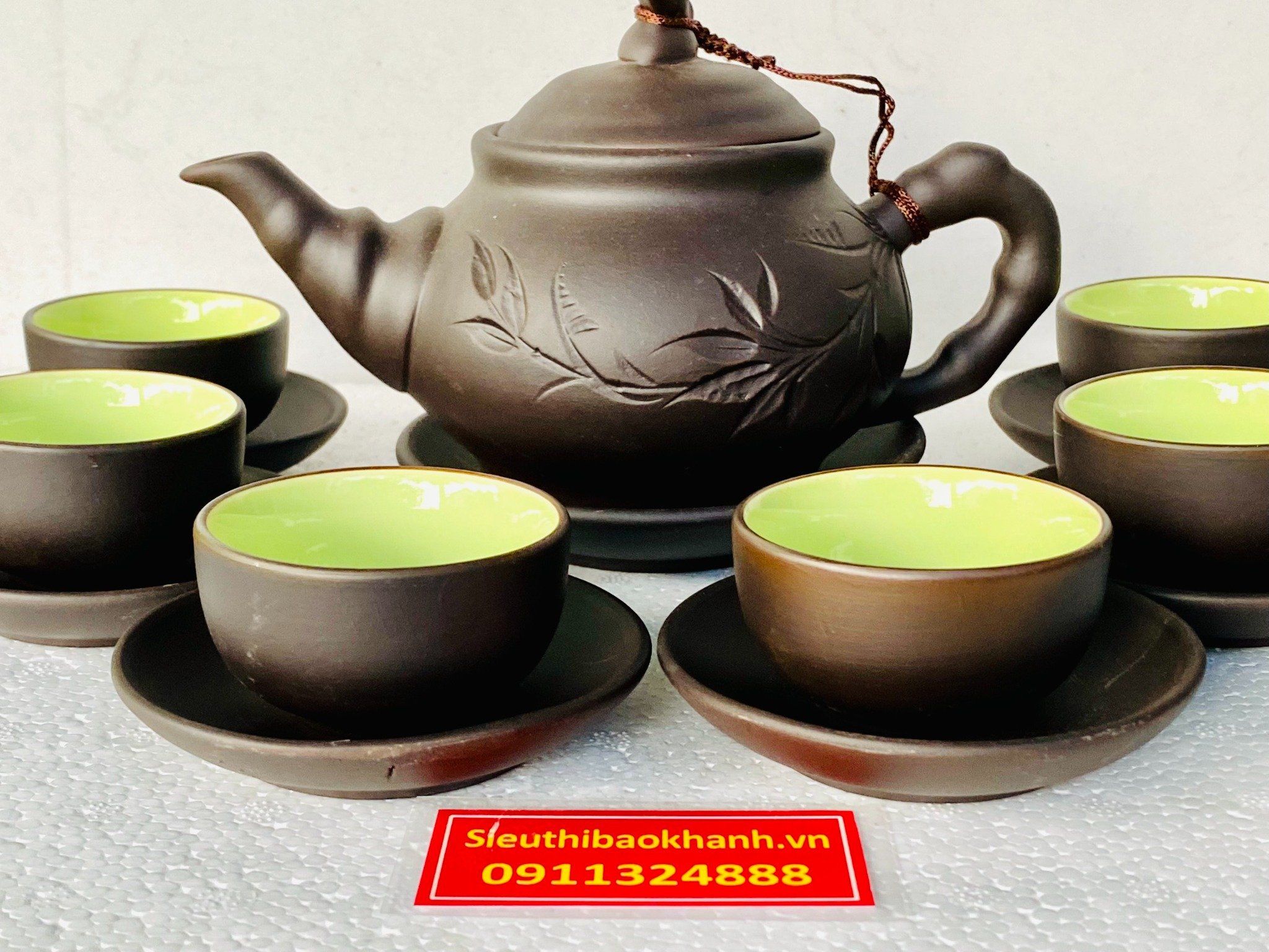  [ TỬ SA BÁT TRÀNG] Bộ ấm chén tử sa vẽ lá Trúc 
