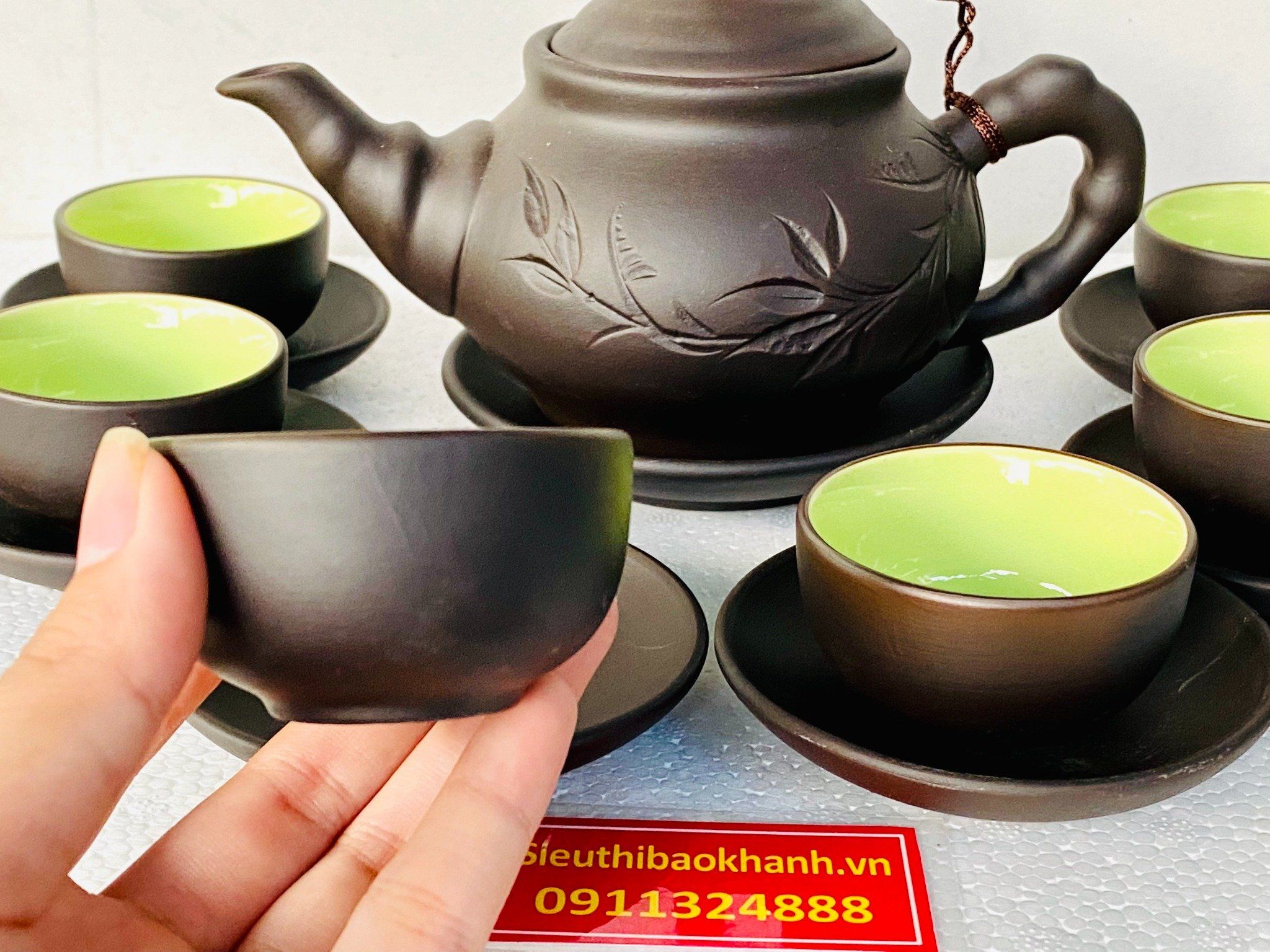  [ TỬ SA BÁT TRÀNG] Bộ ấm chén tử sa vẽ lá Trúc 