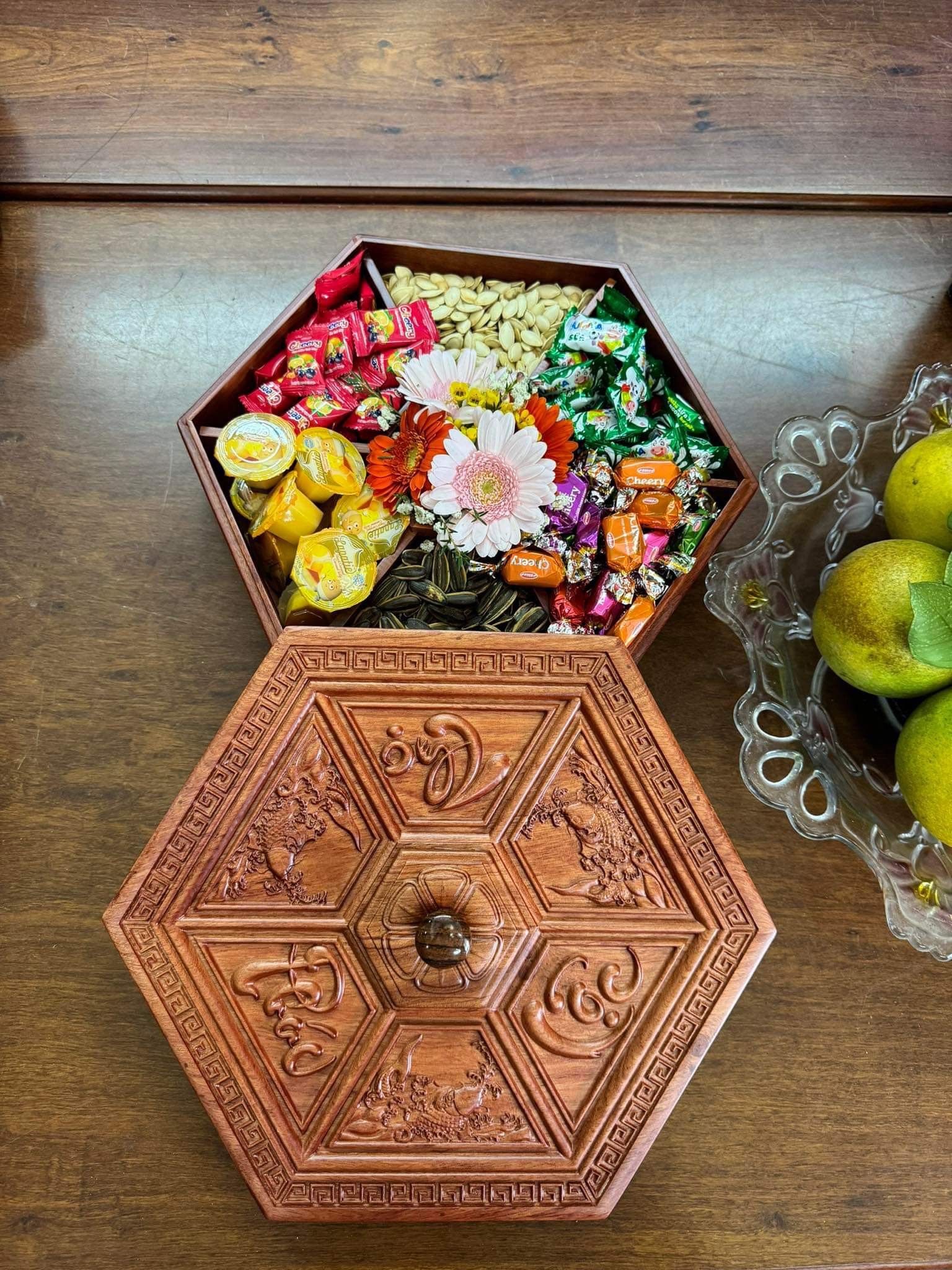  Hộp Đựng Bánh Kẹo Phúc Lộc Thọ Gỗ Hương Đá 
