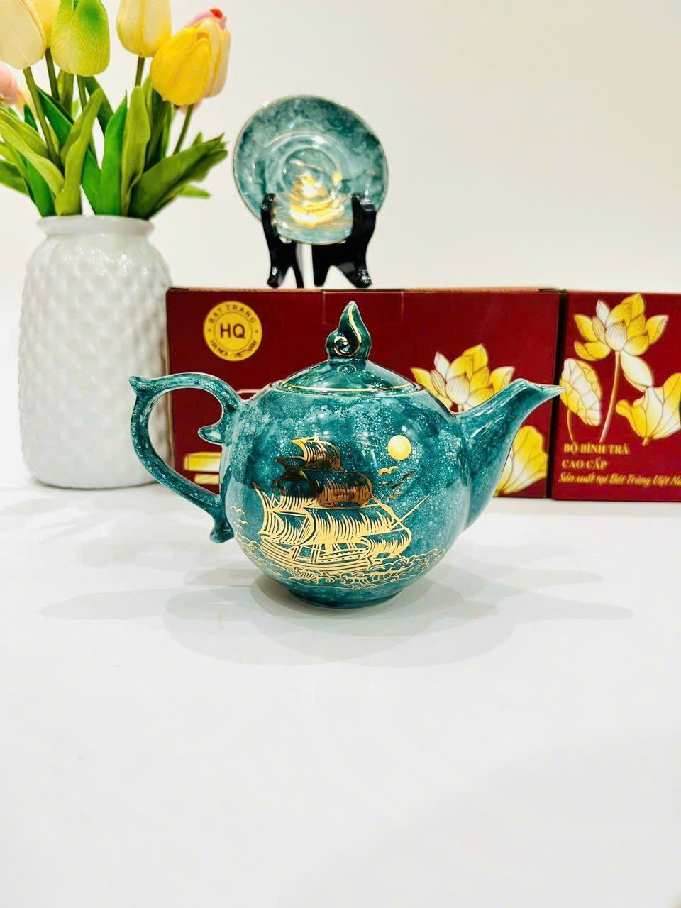  BỘ ẤM CHÉN MEN VÂN ĐÁ XANH THUẬN BUỒM XUÔI GIÓ (DT 500ML) 