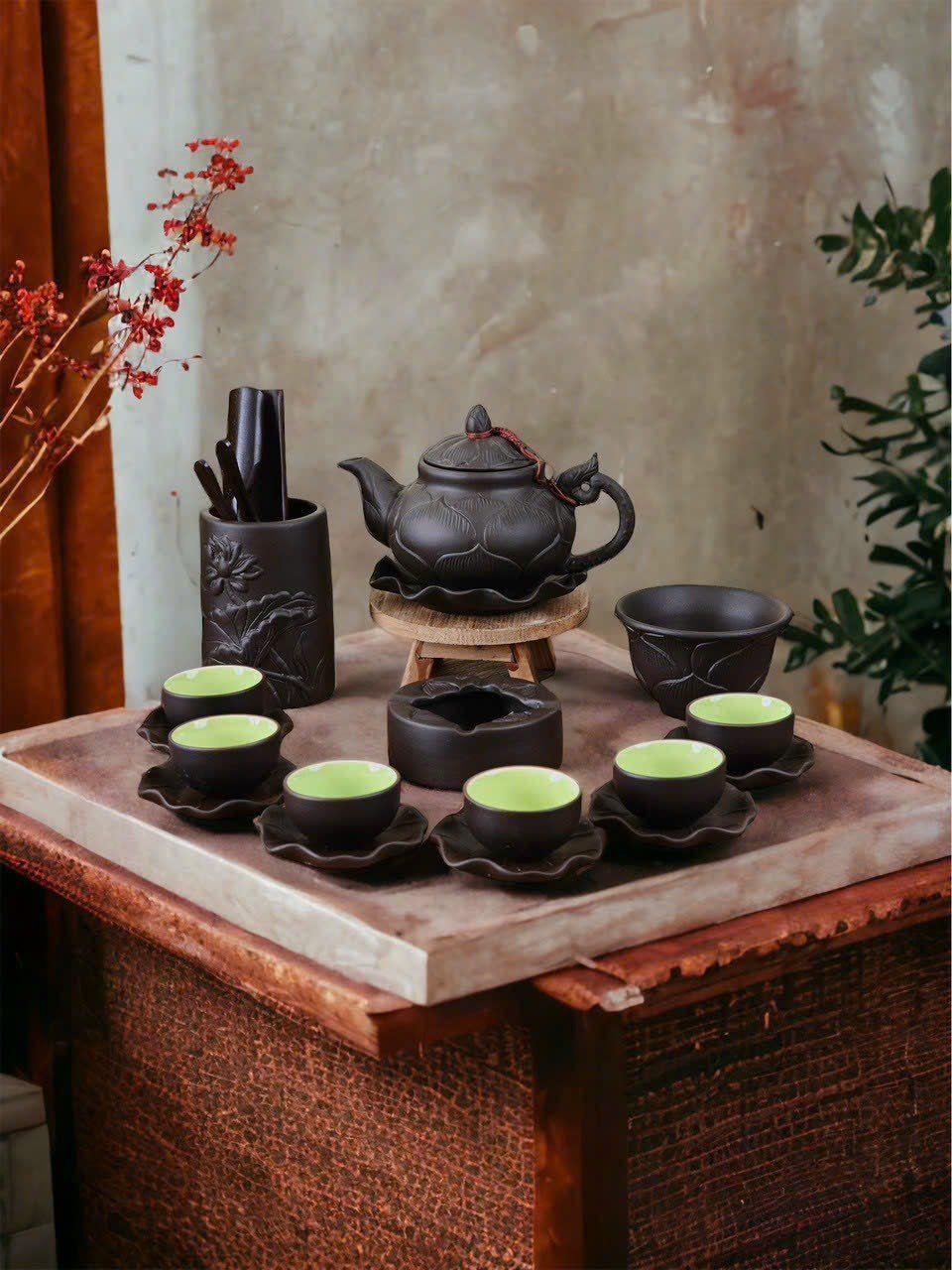  BỘ ẤM CHÉN TỬ SA ĐẮP SEN 