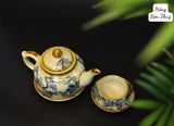  BỘ ẤM CHÉN MEN RẠN BÁT TRÀNG BỌC ĐỒNG VẼ HOA SEN 