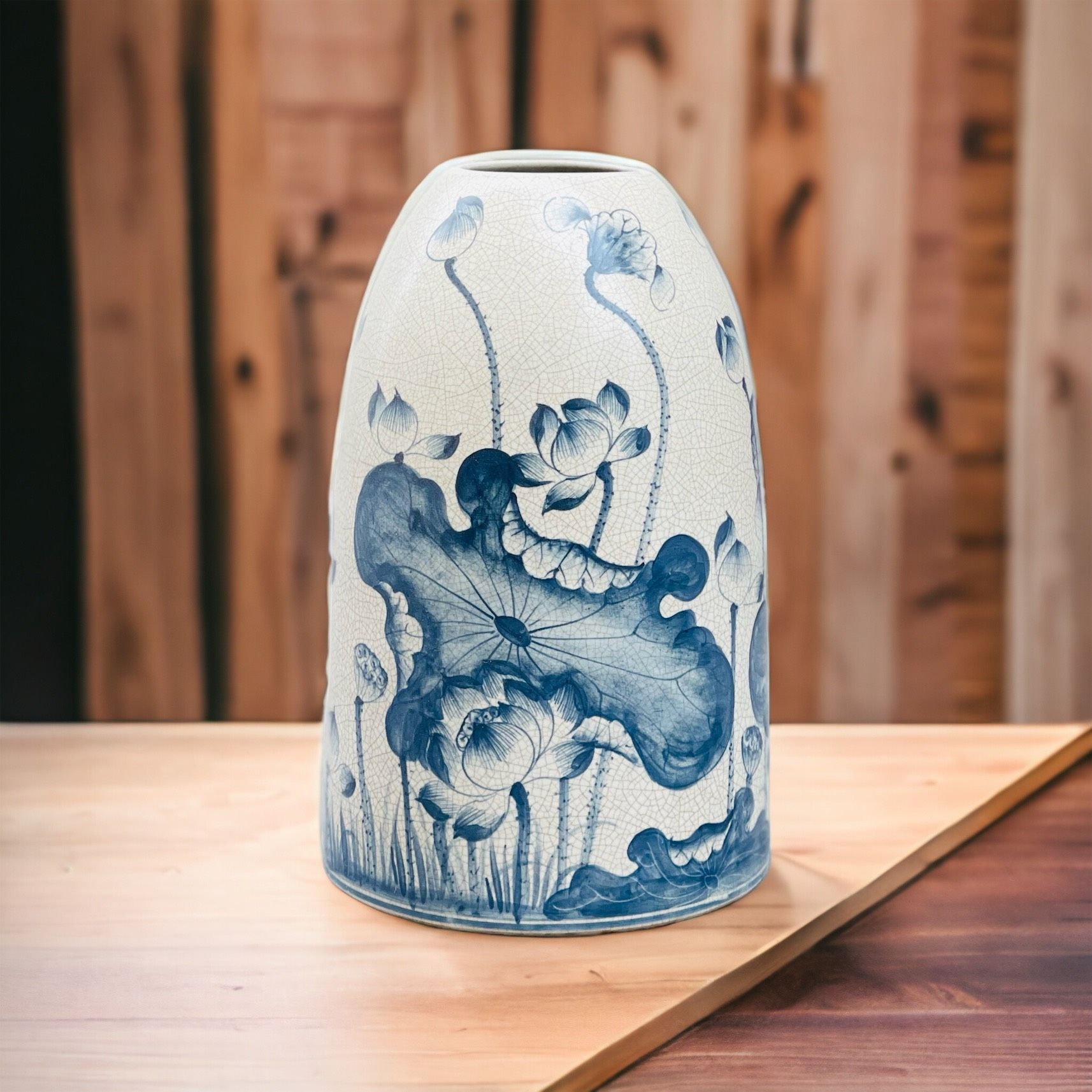  BÌNH HOA DÁNG CHUÔNG MEN RẠN VẼ HOA CAO 45CM 