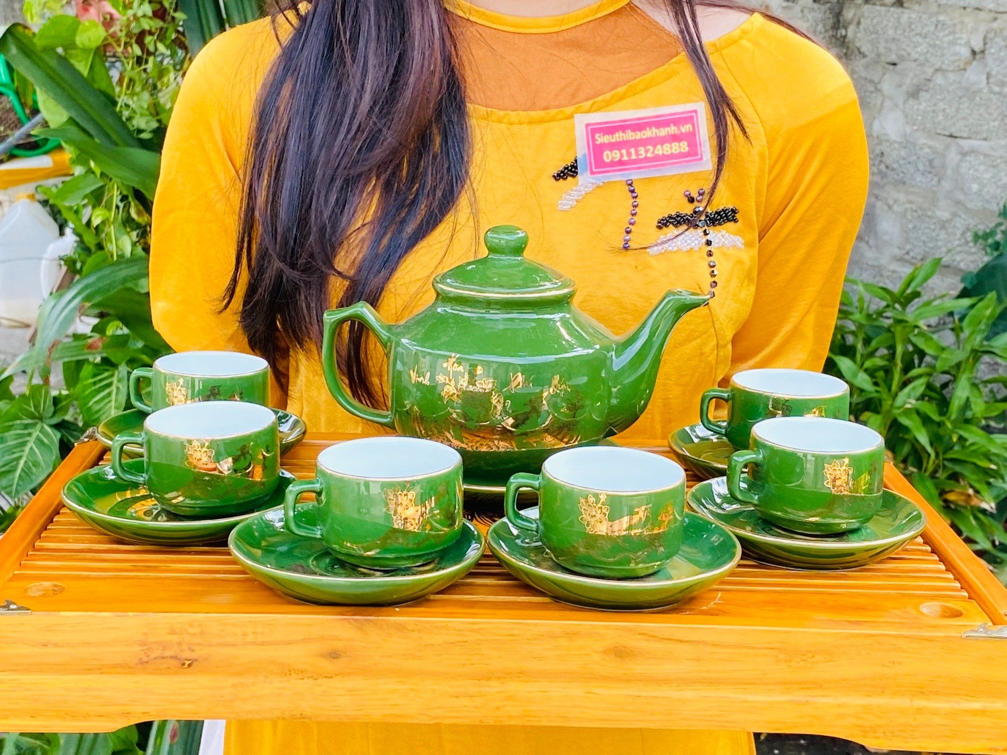  BỘ ẤM CHÉN VẼ VÀNG CẢNH LÀNG QUÊ 