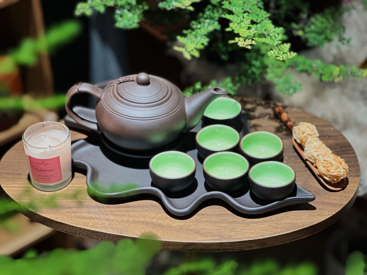  Bộ Ấm Chén Tử Sa Bưởi Đen Khay Lá 