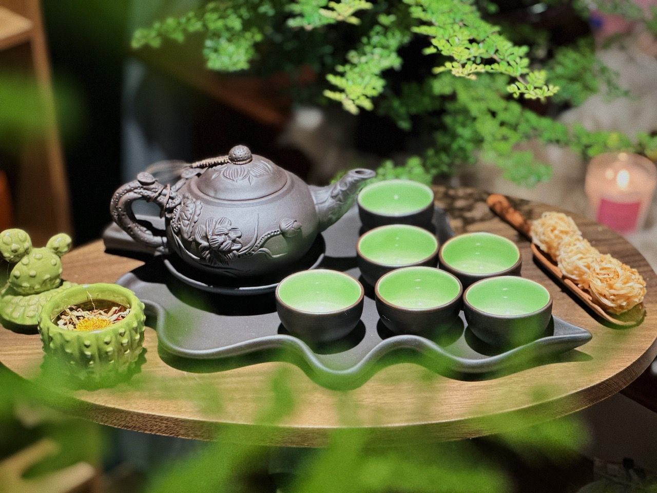  Bộ Ấm Chén Tử Sa Bưởi Đen Khay Lá 