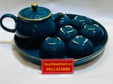  Bộ ấm chén xanh chỉ vàng đậm kèm khay tròn 