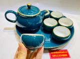  Bộ ấm chén xanh chỉ vàng đậm kèm khay tròn 