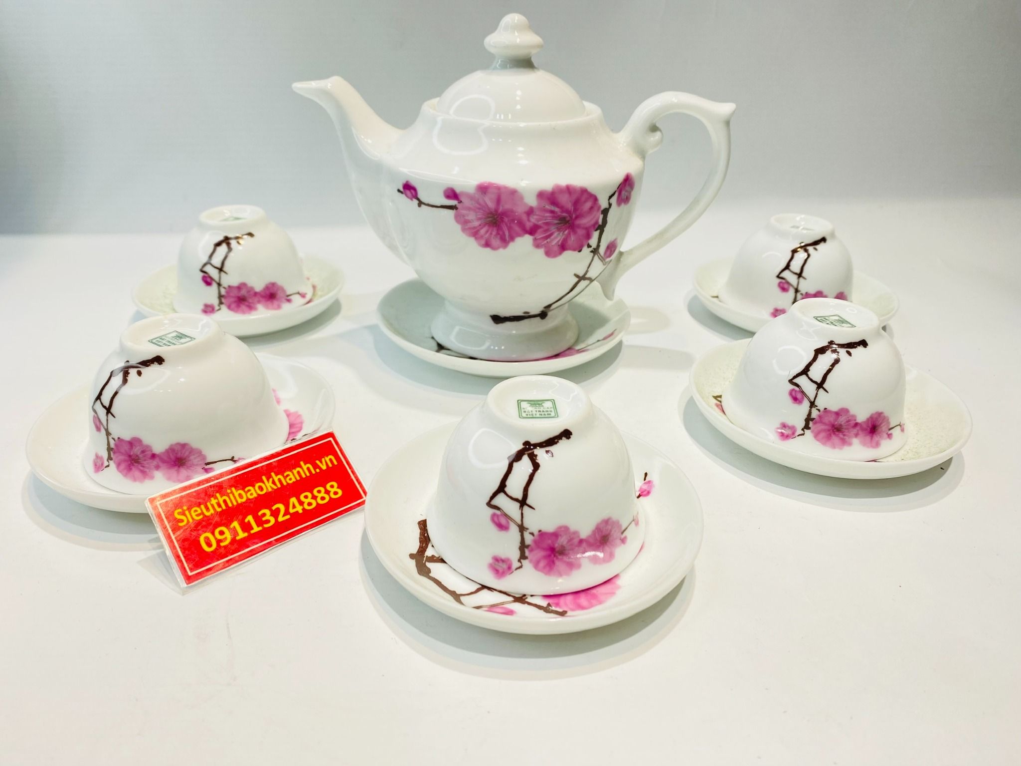  Bộ ấm Chén Men Trắng Hoa Đào Bát Tràng 