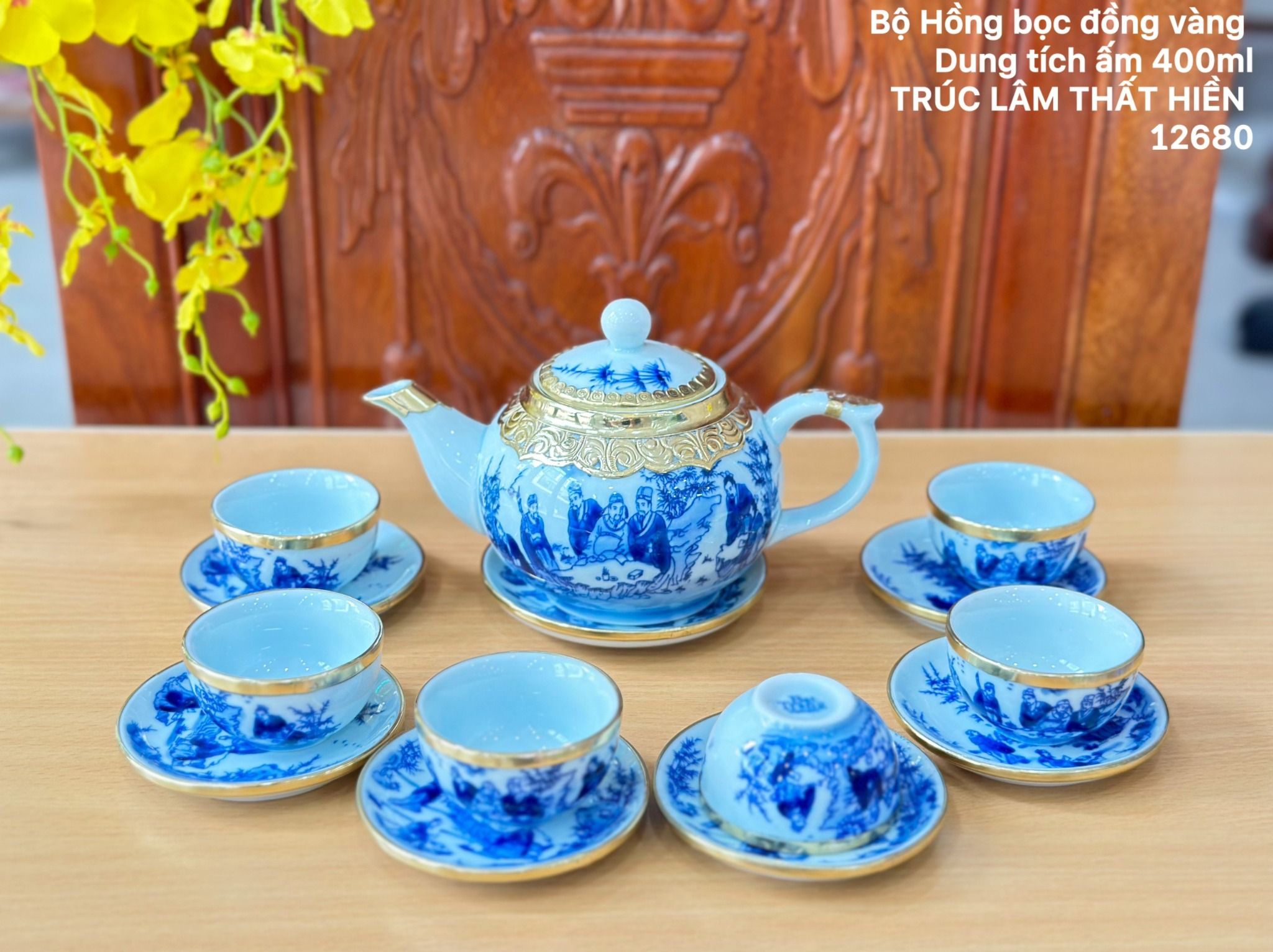 Bộ ấm chén Trúc Lâm Thất Hiền bọc đồng vàng