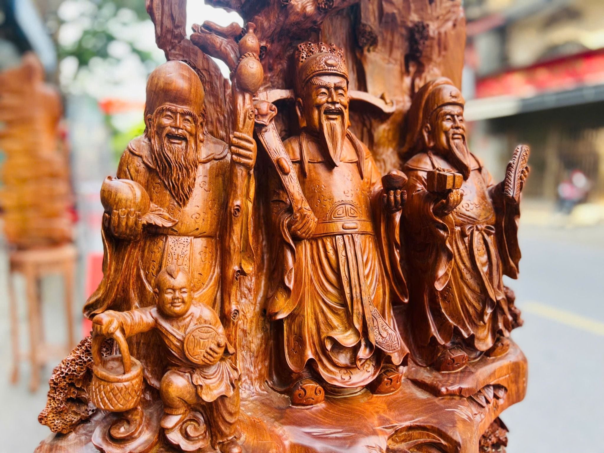  Tam Đa Phúc Lộc Thọ Tiểu Cảnh (Gỗ Hương Ta Liền Khối) 