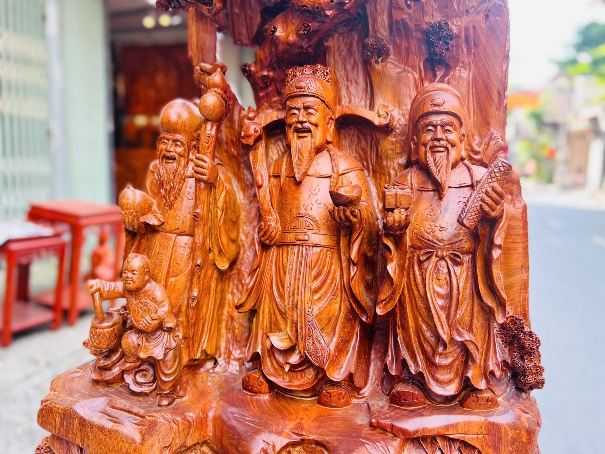  Tam Đa Phúc Lộc Thọ Tiểu Cảnh (Gỗ Hương Ta Liền Khối) 