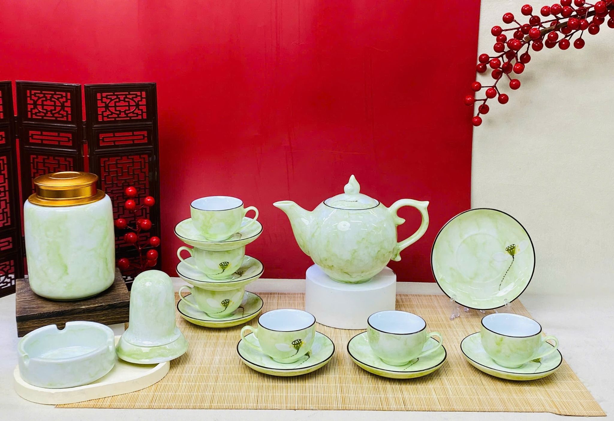  Ấm chén mẫu mới vẽ Hoa Mận 3D 