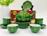  Bộ ấm chén men xanh in logo Quốc Huy và thủ tướng Phạm Minh Chính vẽ chỉ vàng BKCEVN-8100 