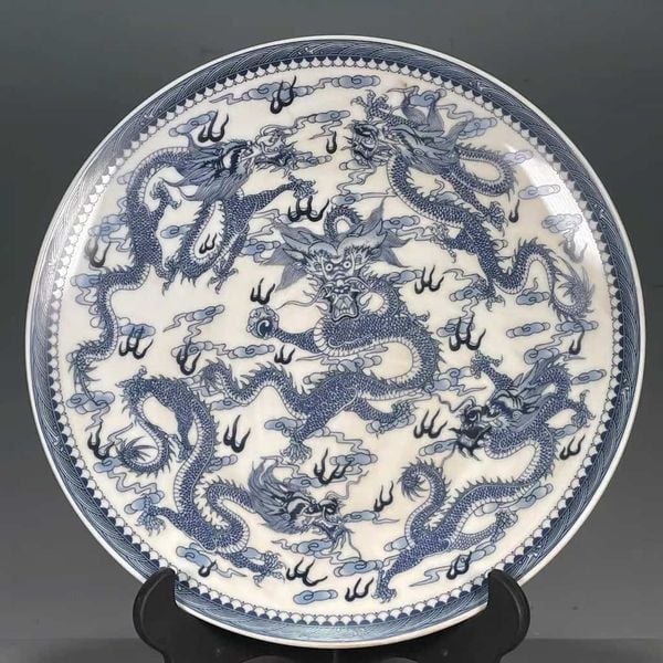 Đĩa gốm sứ trắng xanh cổ thời nhà Thanh BKCECN-9027