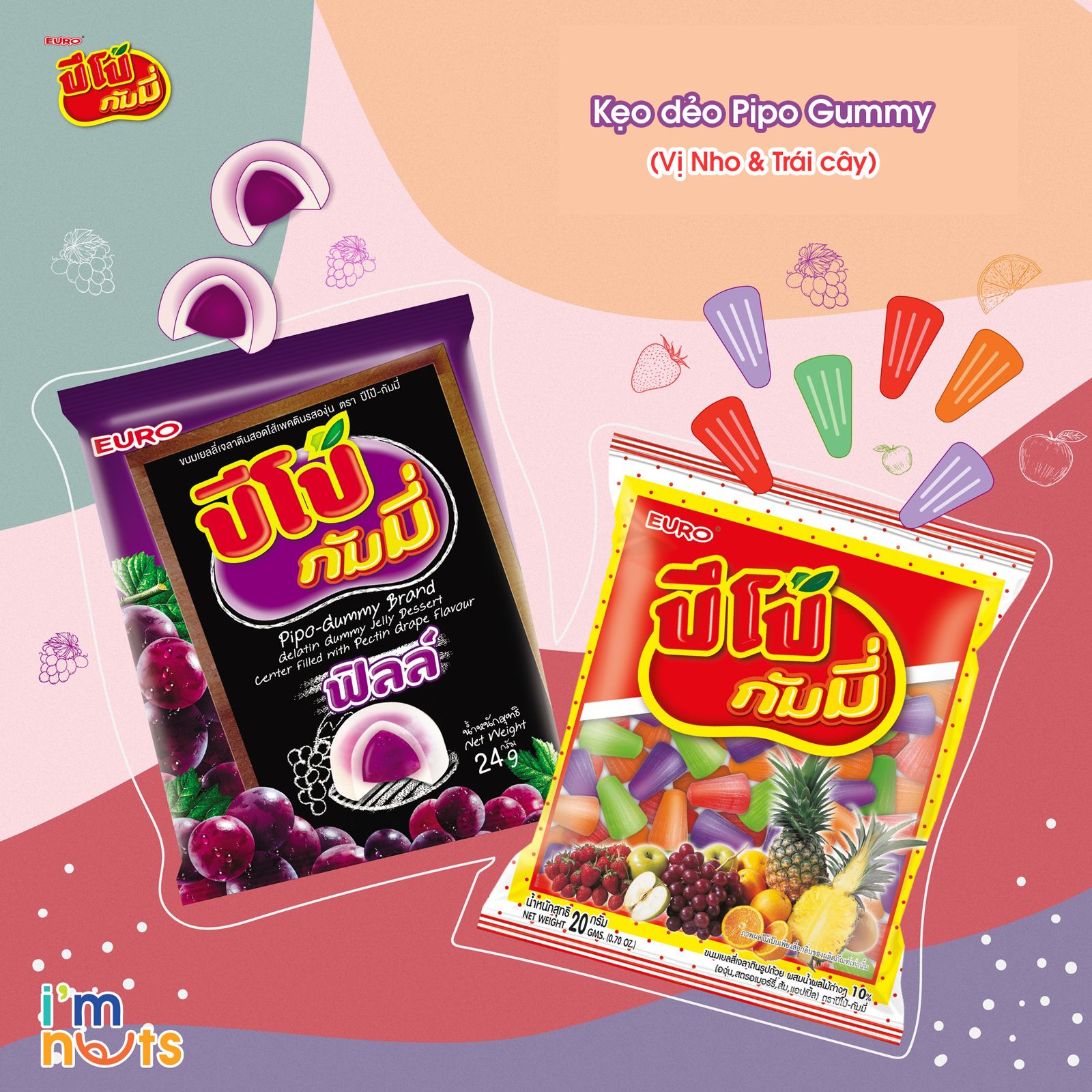 Kẹo dẻo Pipo Gummy Thái Lan đủ vị gói nhỏ – Bánh kẹo Ăn vặt ImNuts