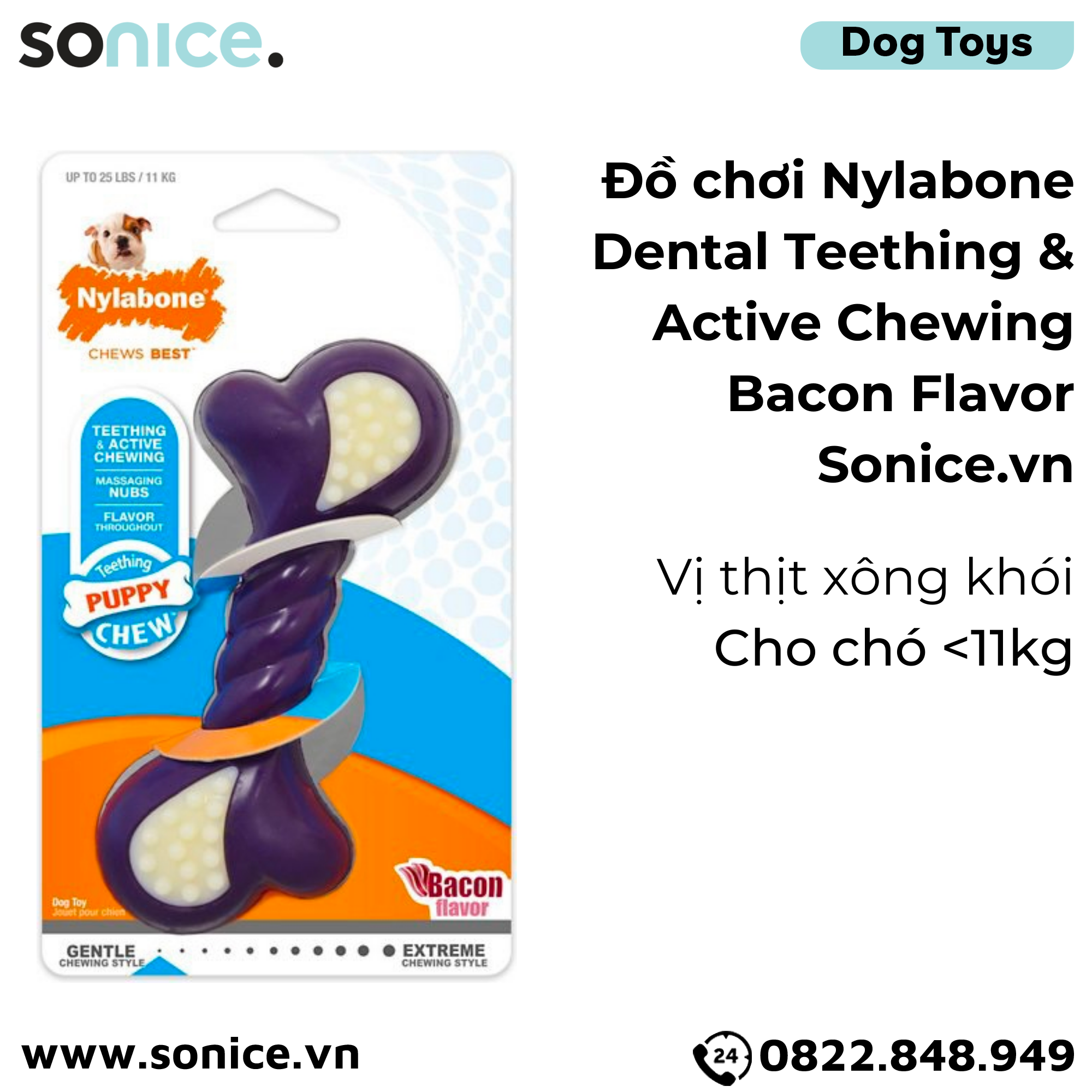  Đồ chơi Nylabone Dental Teething & Active Chewing Bacon Flavor Toys - Vị thịt xông khói, cho chó < 11kg SONICE. 