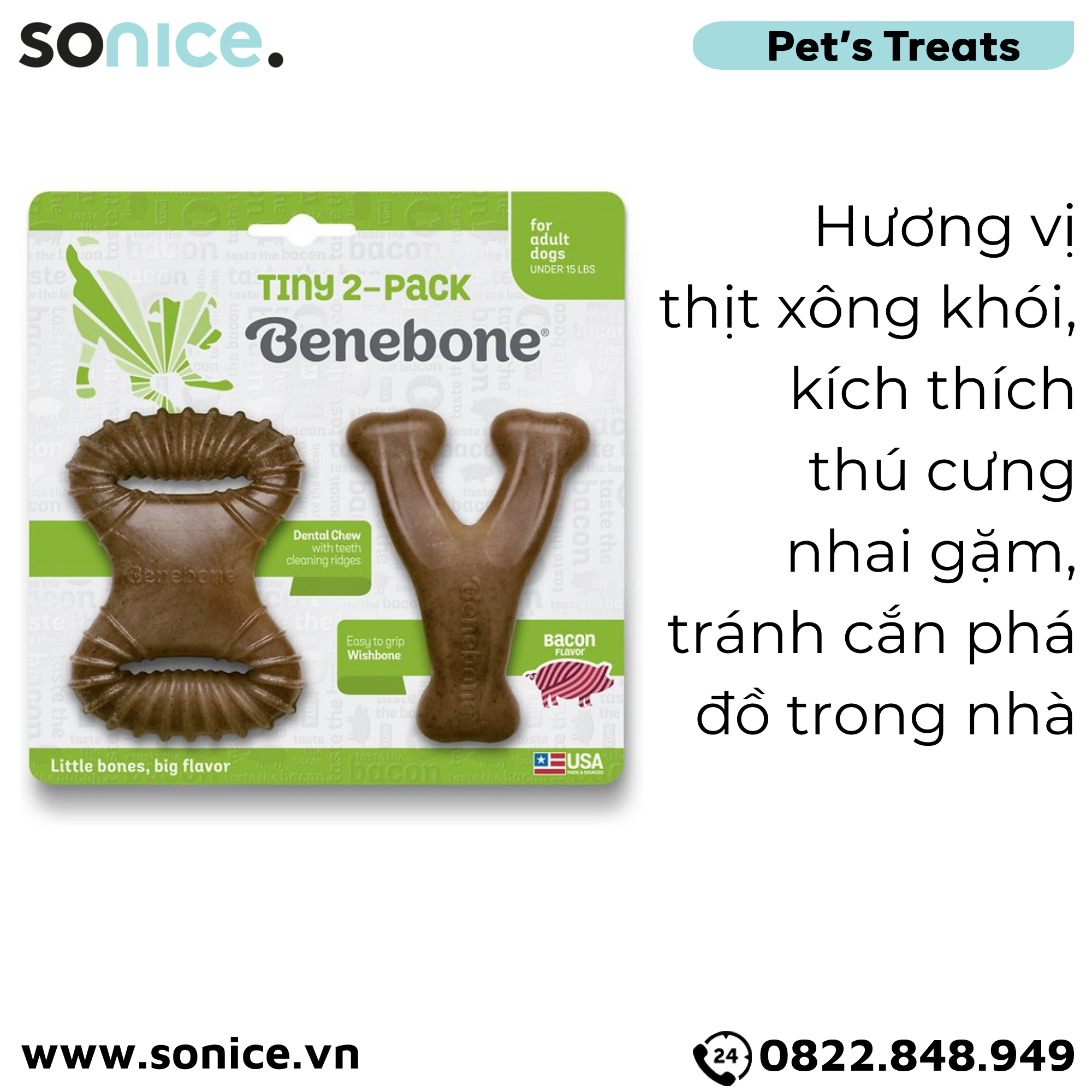  Combo 2 xương gặm BENEBONE Adult Bacon - Cho chó trưởng thành vị thịt xông khói SONICE. 