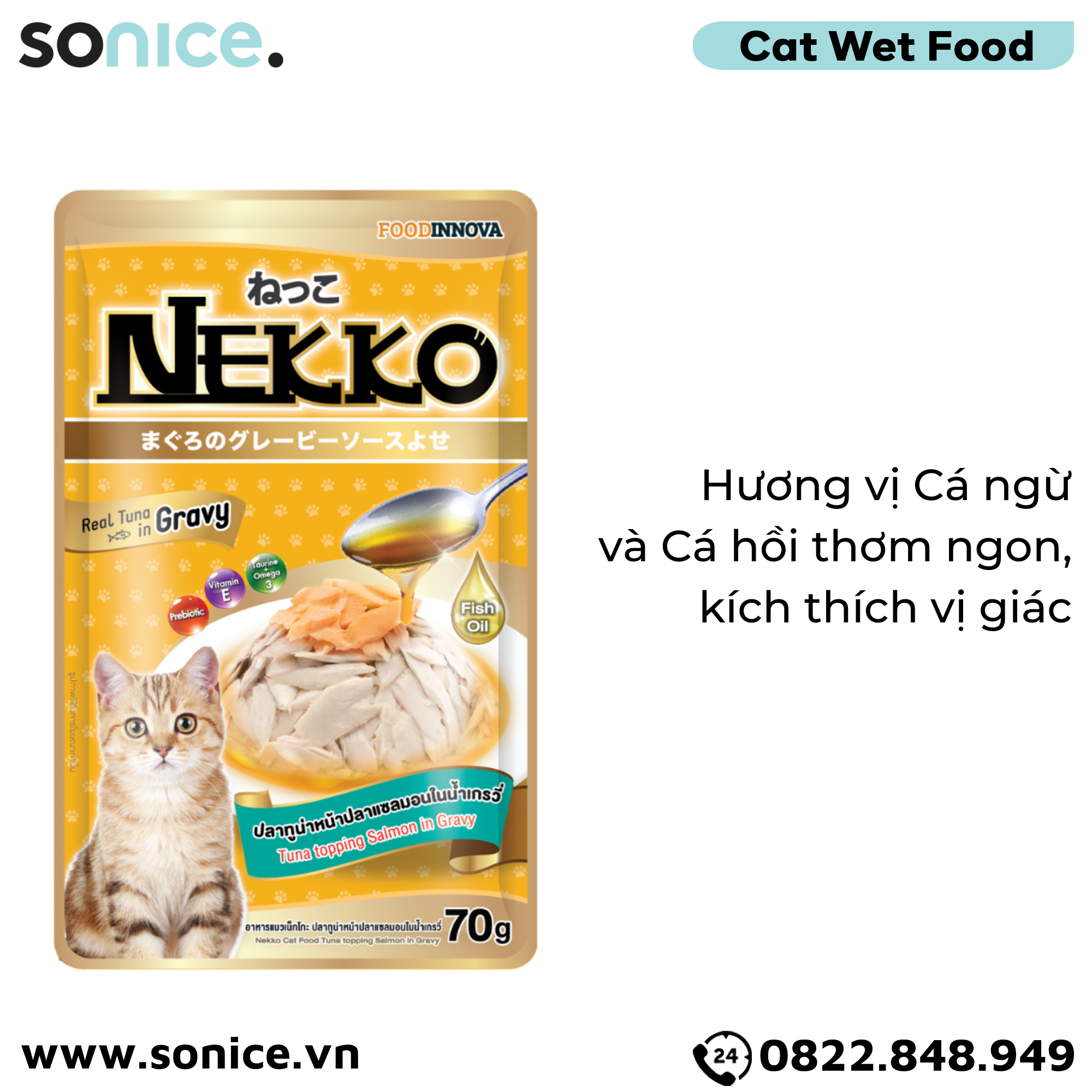  Pate mèo NEKKO GRAVY Tuna & Salmon 70g - Cá ngừ và Cá hồi - Hộp 12 gói SONICE. 