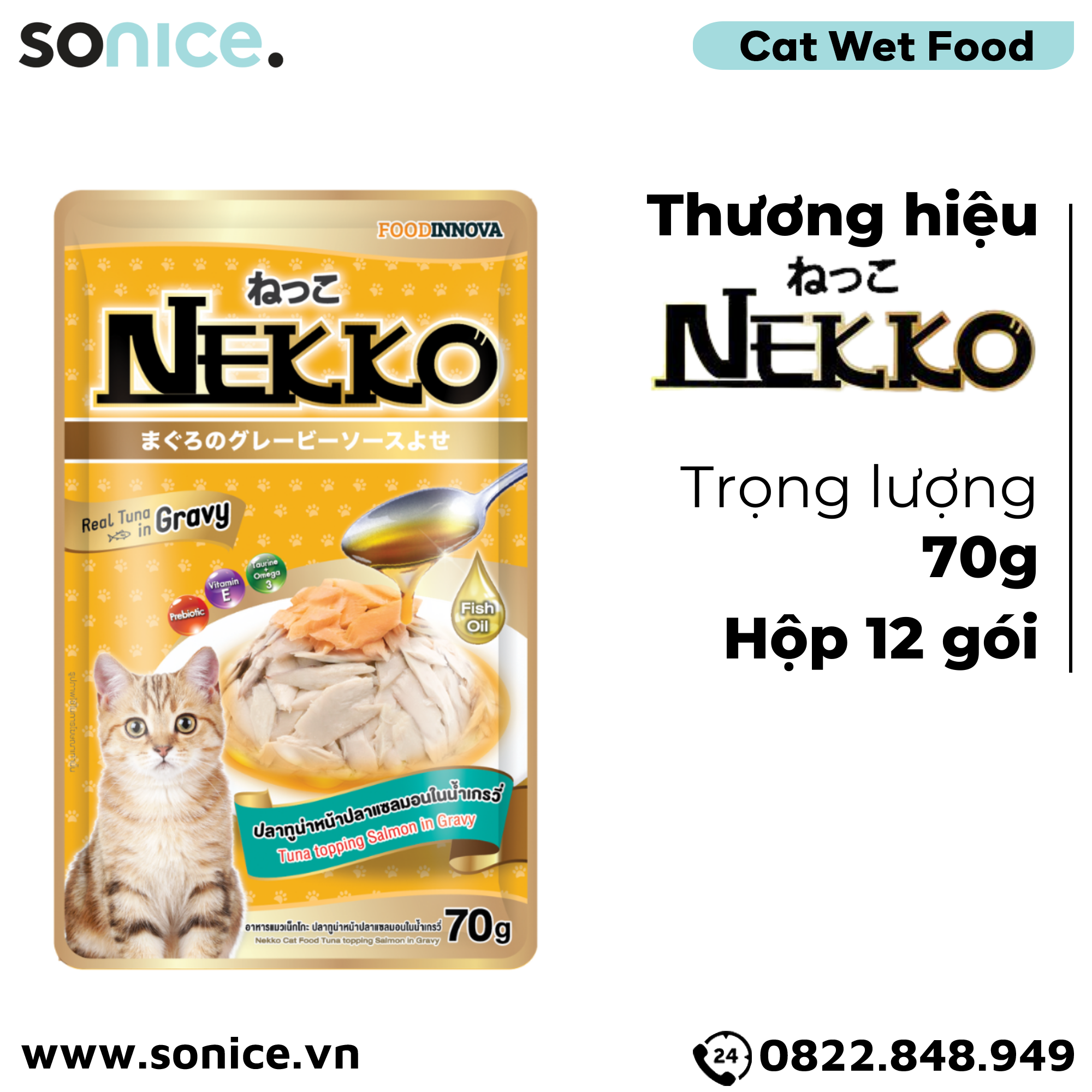  Pate mèo NEKKO GRAVY Tuna & Salmon 70g - Cá ngừ và Cá hồi - Hộp 12 gói SONICE. 