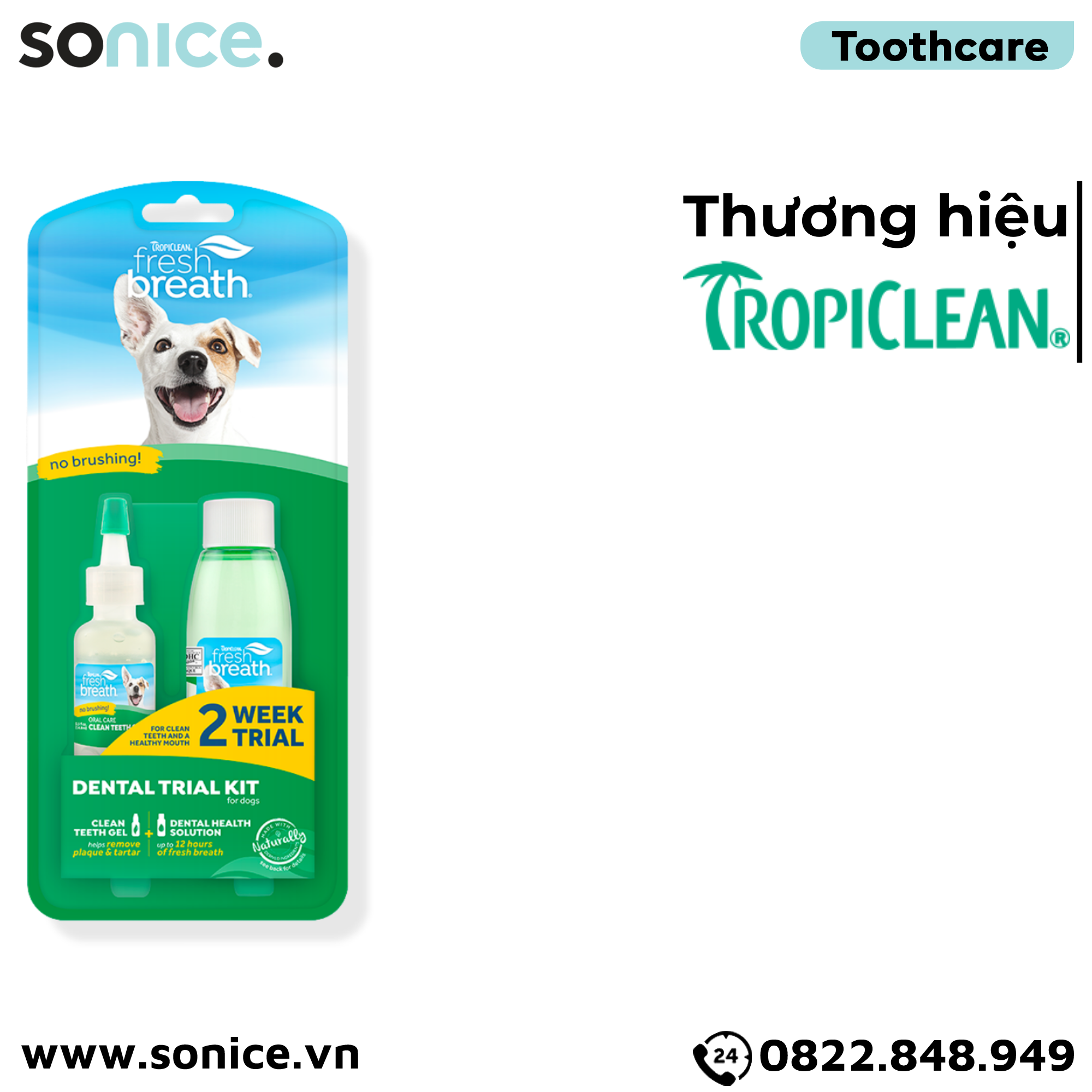  Combo vệ sinh răng miệng cho chó Tropiclean Fresh Breath Dental Trial Kit for Dogs - Loại bỏ mảng bám cao răng, hơi thở thơm mát SONICE. 
