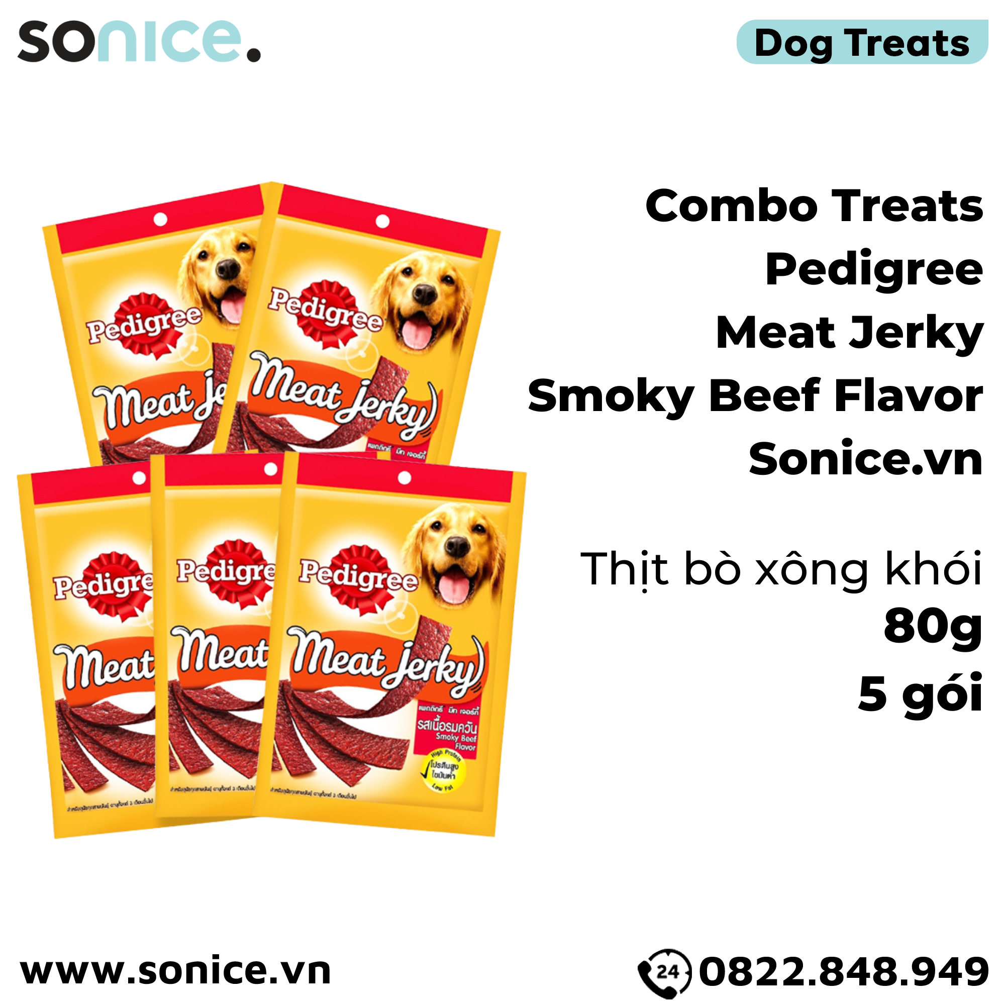  Combo Treats Pedigree Meat Jerky Smoky Beef Flavor 80g - 5 gói - Thịt bò xông khói SONICE. 