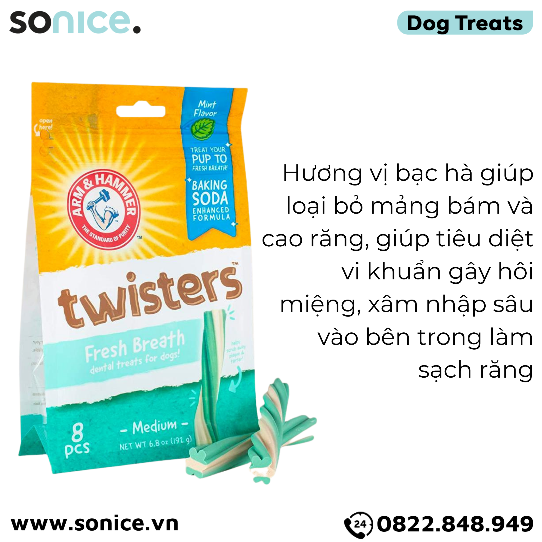  Treats ARM & HAMMER Twisters Fresh Breath Plaque & Tartar Medium size 192g - 8pcs - Hỗ trợ làm sạch răng miệng, ngăn ngừa mảng bám SONICE. 