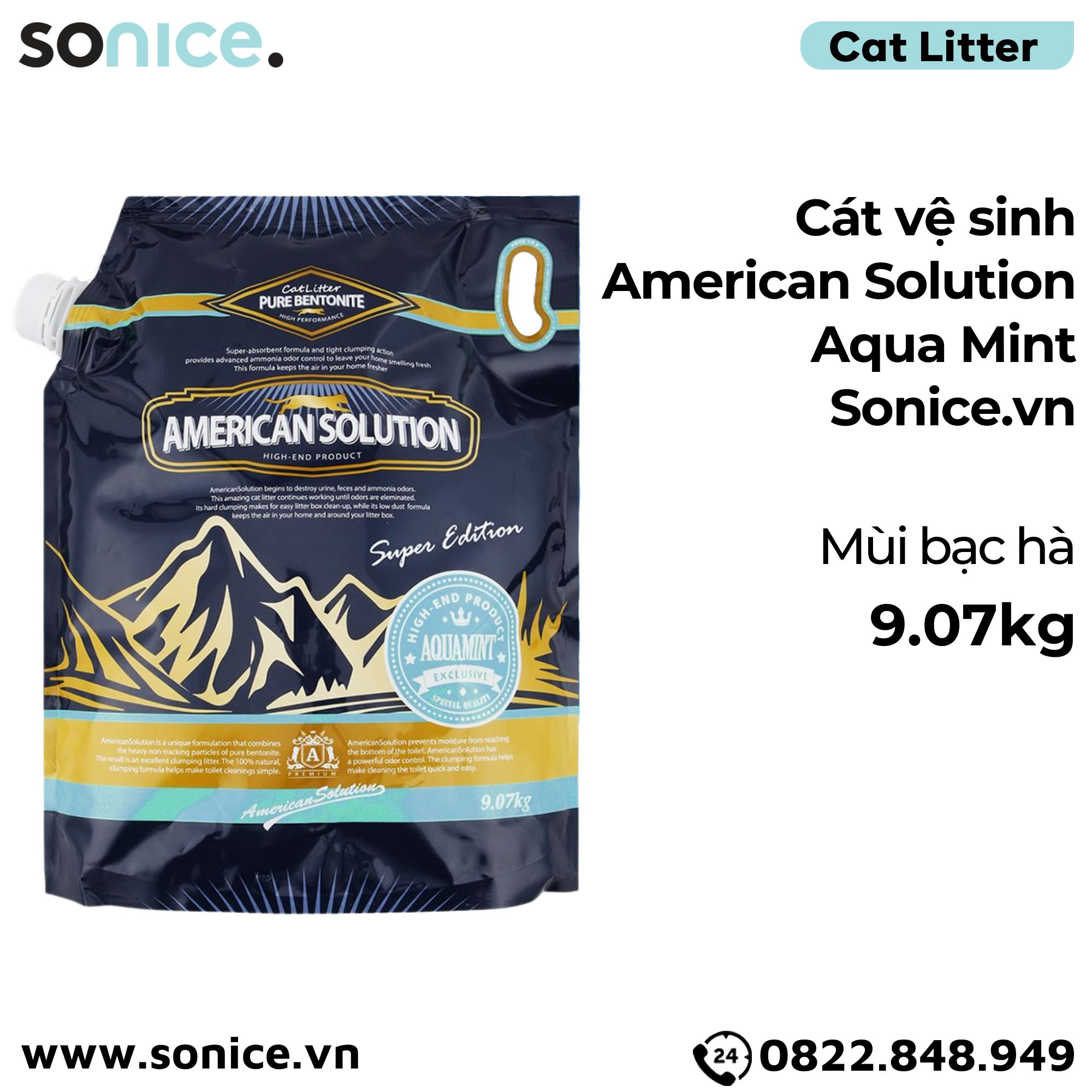 Cát vệ sinh American Solution Aqua Mint 9kg - mùi bạc hà SONICE. 