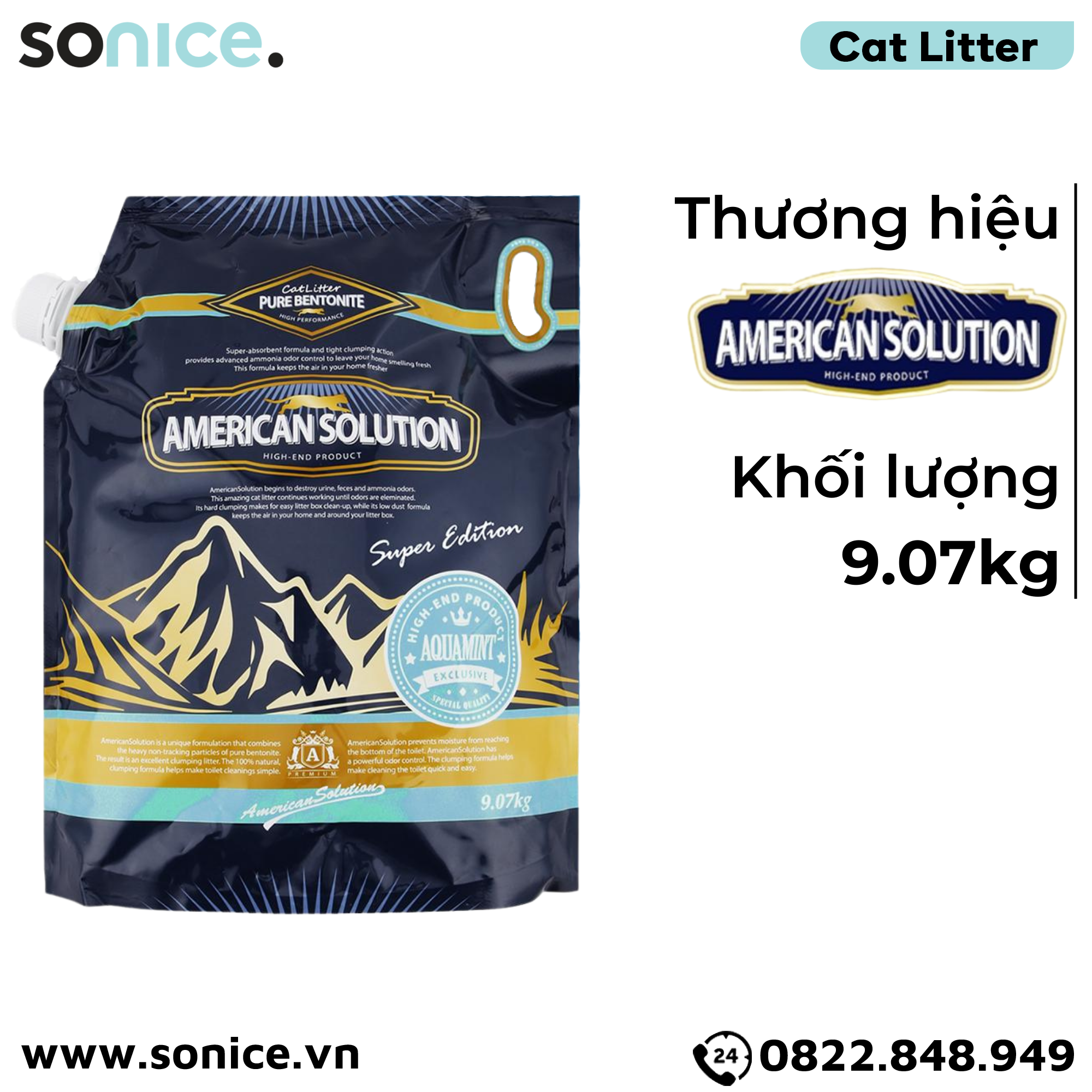  Cát vệ sinh American Solution Aqua Mint 9kg - mùi bạc hà SONICE. 