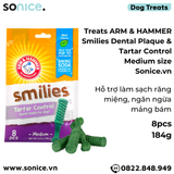  Treats ARM & HAMMER Smilies Dental Plaque & Tartar Control Medium size 184g - 8pcs - Hỗ trợ làm sạch răng miệng, ngăn ngừa mảng bám SONICE. 