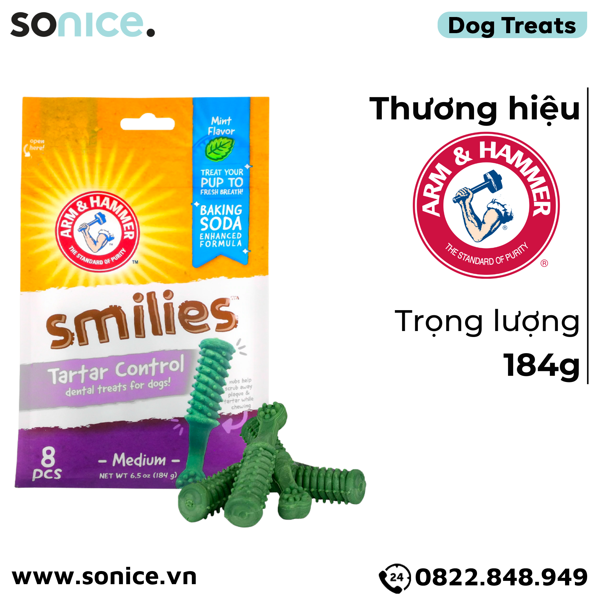  Treats ARM & HAMMER Smilies Dental Plaque & Tartar Control Medium size 184g - 8pcs - Hỗ trợ làm sạch răng miệng, ngăn ngừa mảng bám SONICE. 