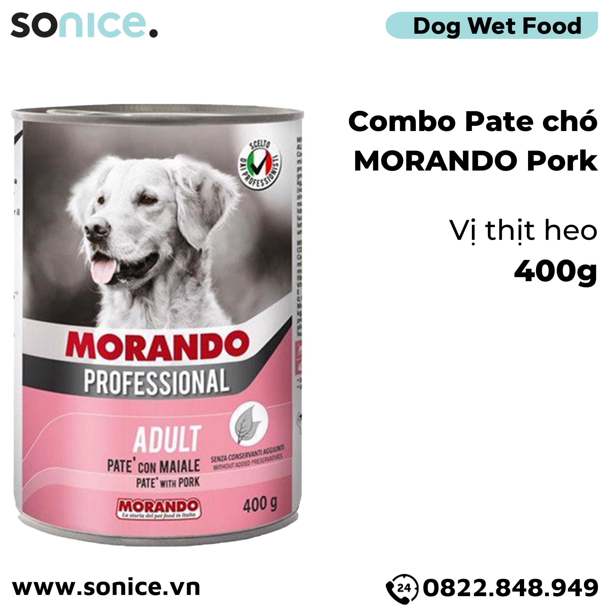  Combo Pate chó Morando Thịt Gà & Gà Tây, Thịt Heo, Thịt Vịt 400g - 18 lon SONICE. 