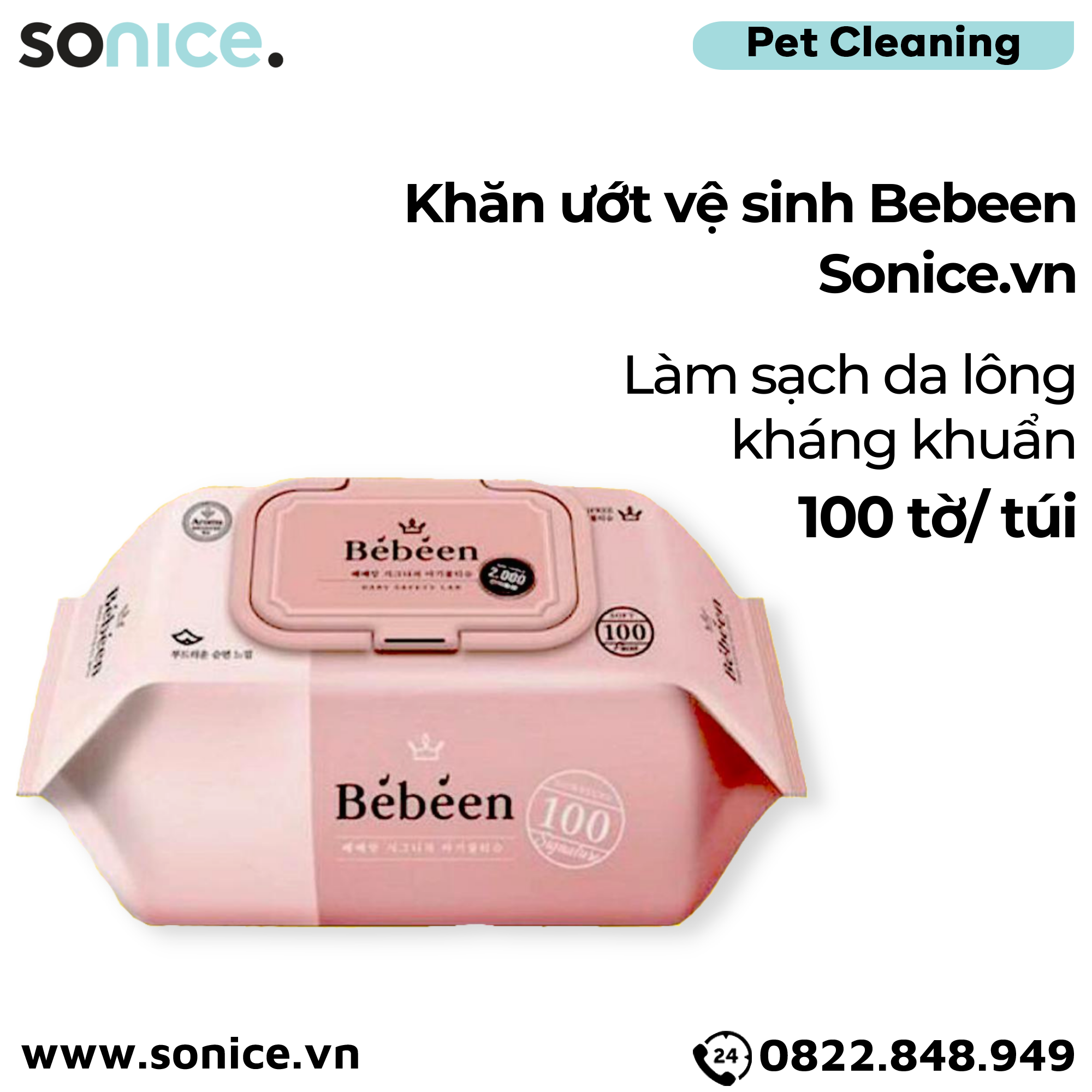  Khăn ướt vệ sinh Bebeen 100 tấm - Làm sạch da lông kháng khuẩn SONICE. 