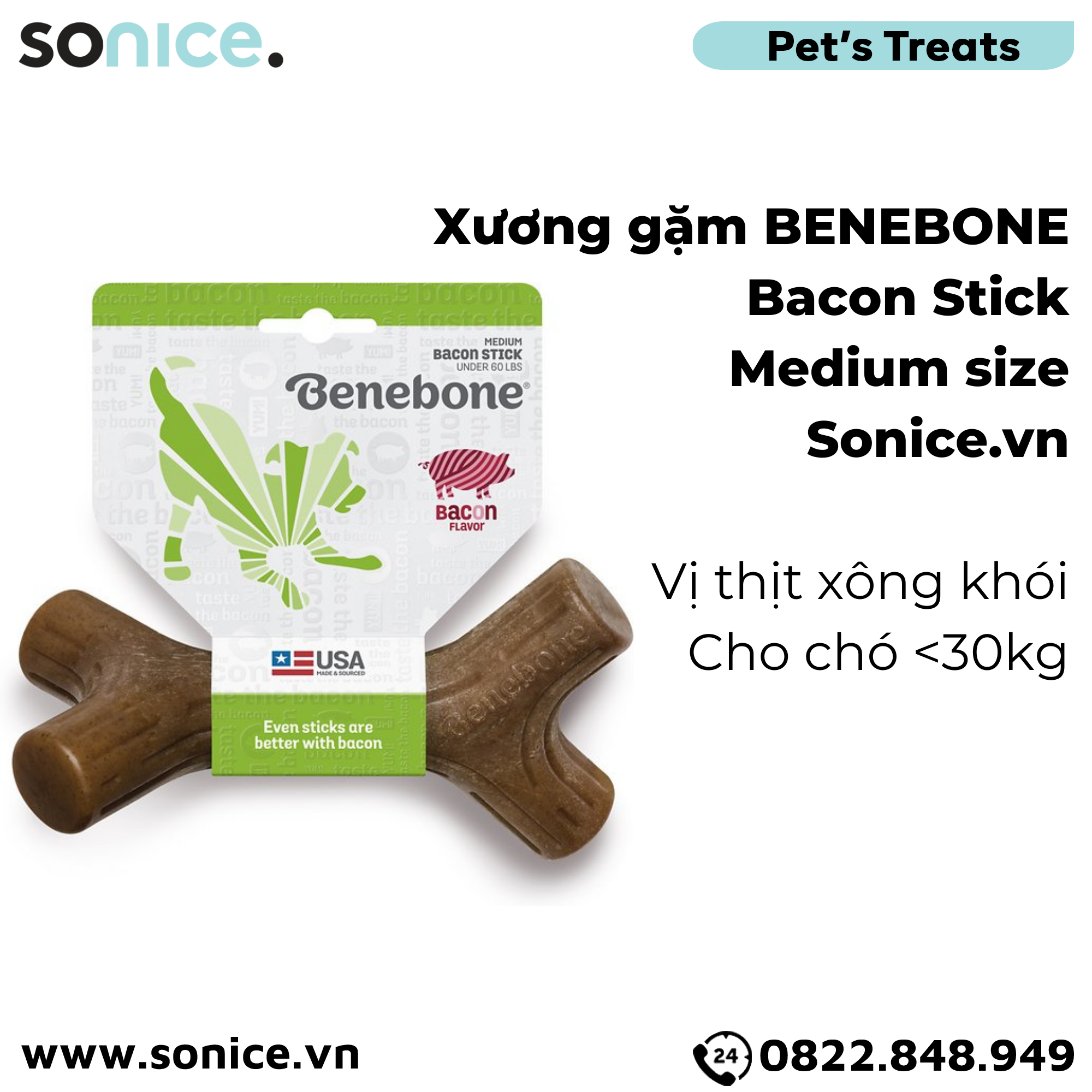  Xương gặm BENEBONE Bacon Stick Medium size cho chó <30kg - vị thịt xông khói SONICE. 