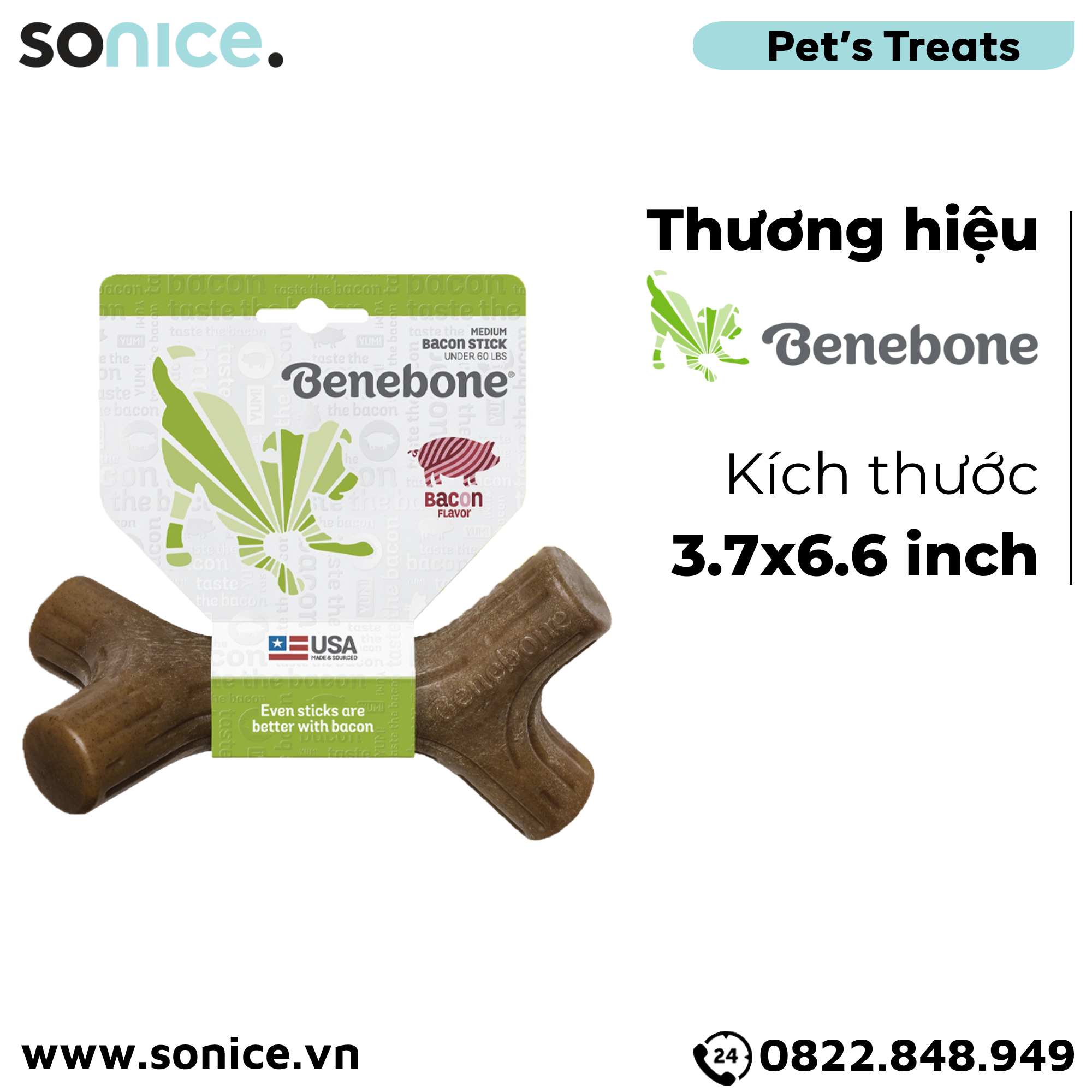  Xương gặm BENEBONE Bacon Stick Medium size cho chó <30kg - vị thịt xông khói SONICE. 