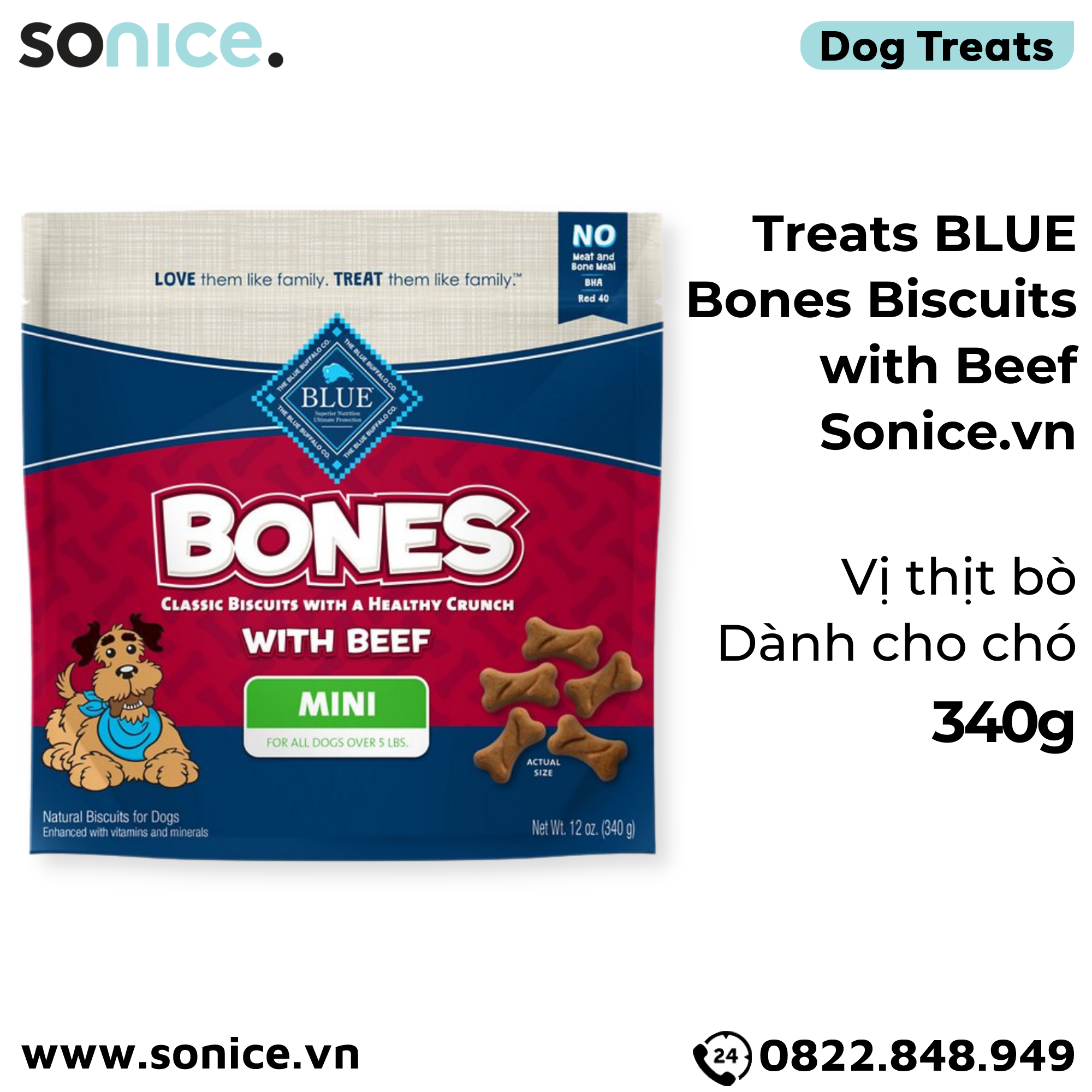  Treats BLUE Bones Biscuits with Beef 340g - vị thịt bò cho chó SONICE. 