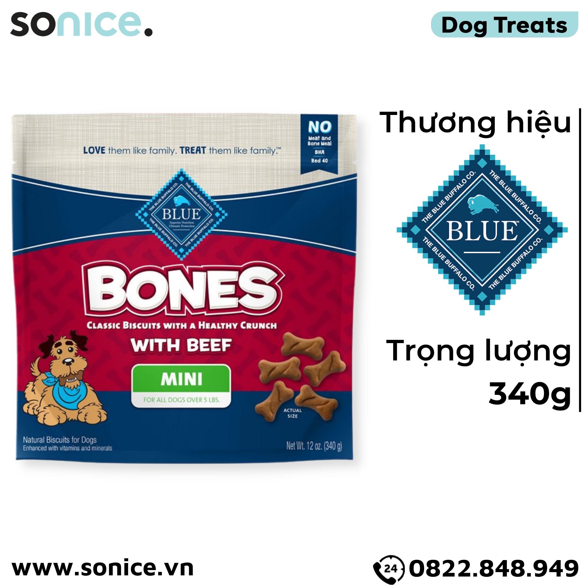  Treats BLUE Bones Biscuits with Beef 340g - vị thịt bò cho chó SONICE. 