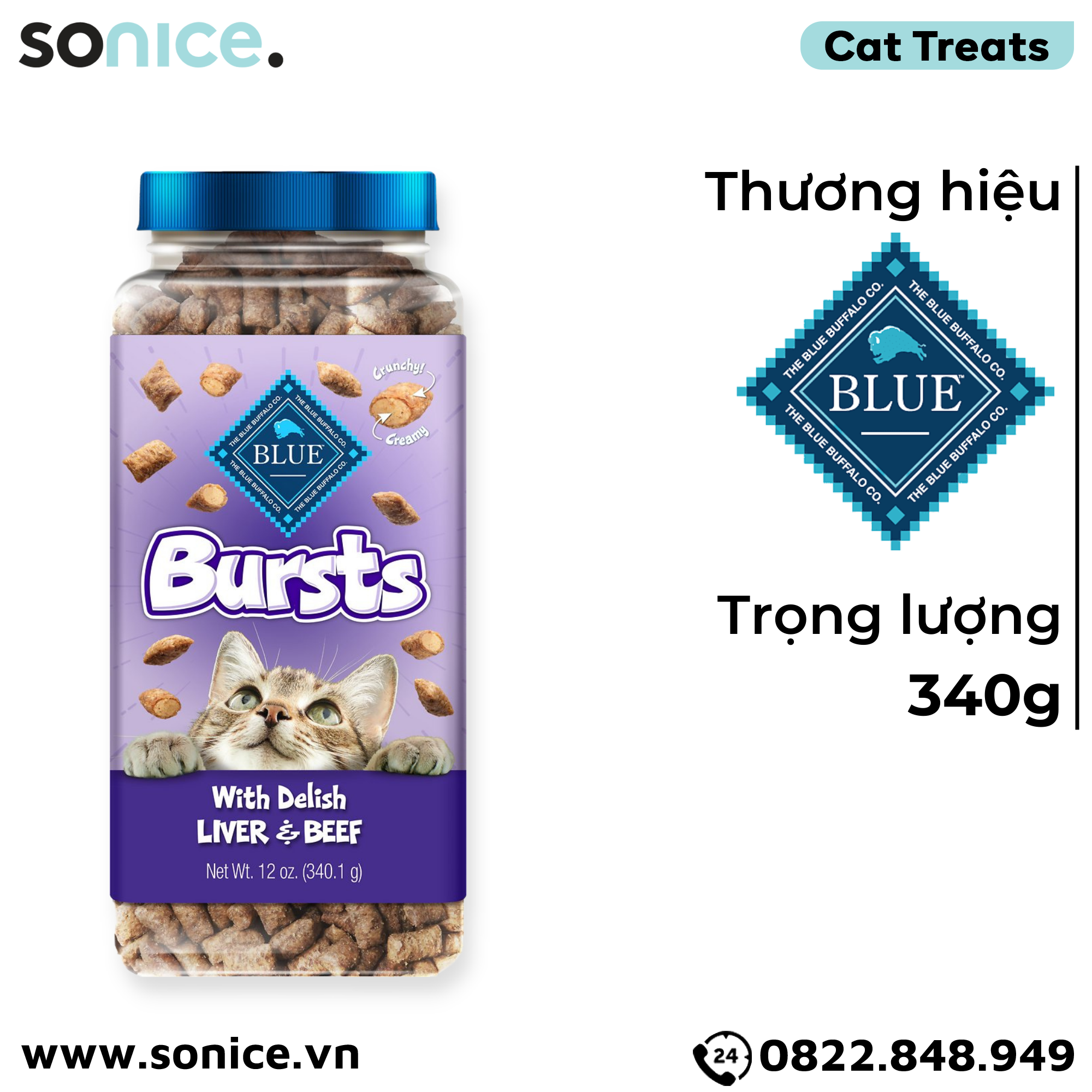  Treats mèo BLUE Bursts Delish Liver & Beef 340g - bánh thưởng mèo vị bò & gan SONICE. 