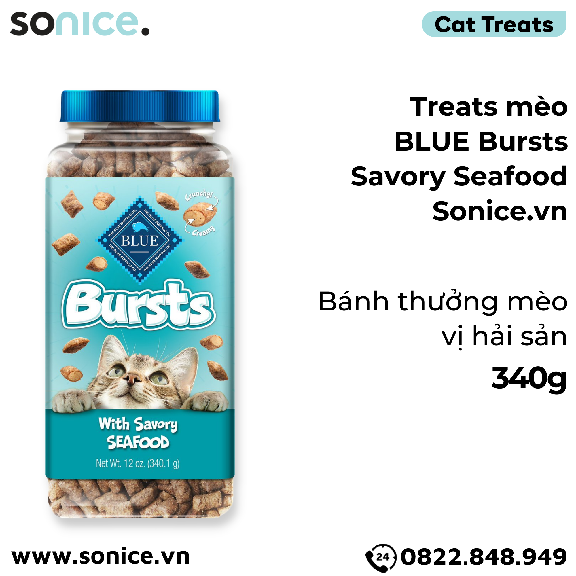  Treats mèo BLUE Bursts Savory Seafood 340g - bánh thưởng mèo vị hải sản SONICE. 