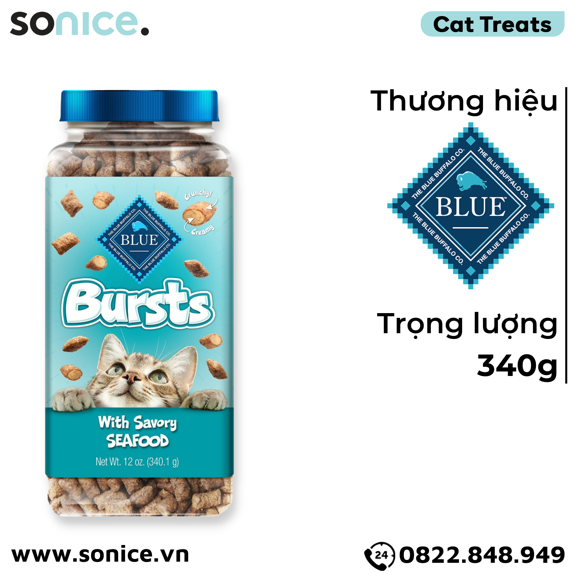  Treats mèo BLUE Bursts Savory Seafood 340g - bánh thưởng mèo vị hải sản SONICE. 